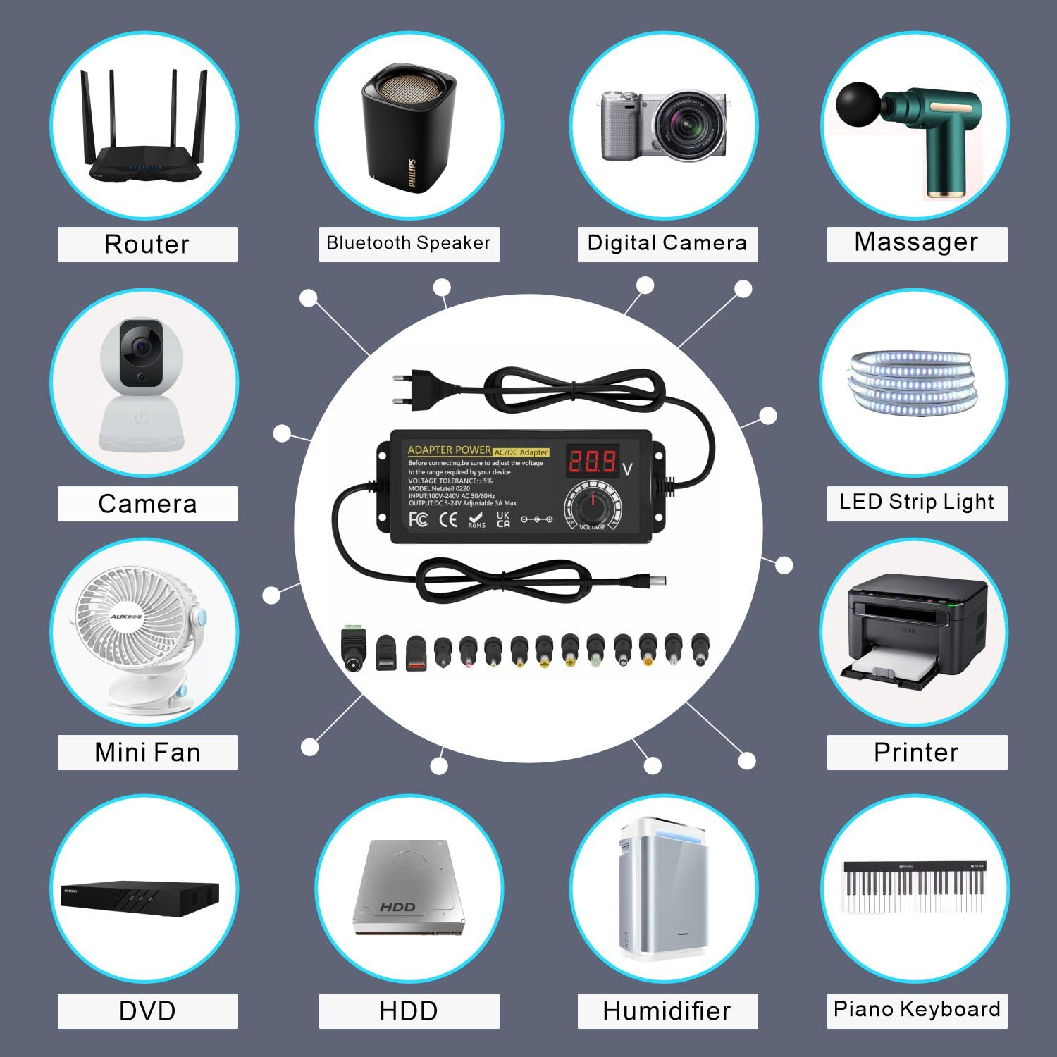 Adaptateur Secteur Universel Réglable 3-24V 72W – Alimentation Puissante Avec 14 Embouts + LED Voltage + Polarité Inversible