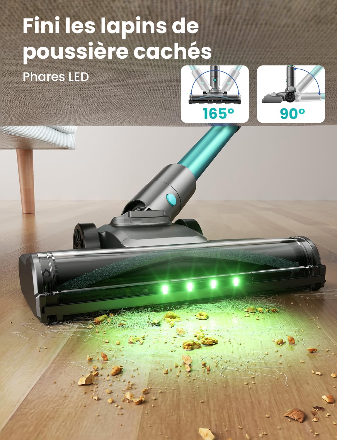Aspirateur Balai sans Fil 45KPa, Aspirateur sans Fil Puissant, 50 Min Autonomie, Batterie Amovible, Brosse Anti-Enchevêtrement LED, Aspirateur Léger pour Poils d'animaux, Tapis, Sols Durs Canapé
