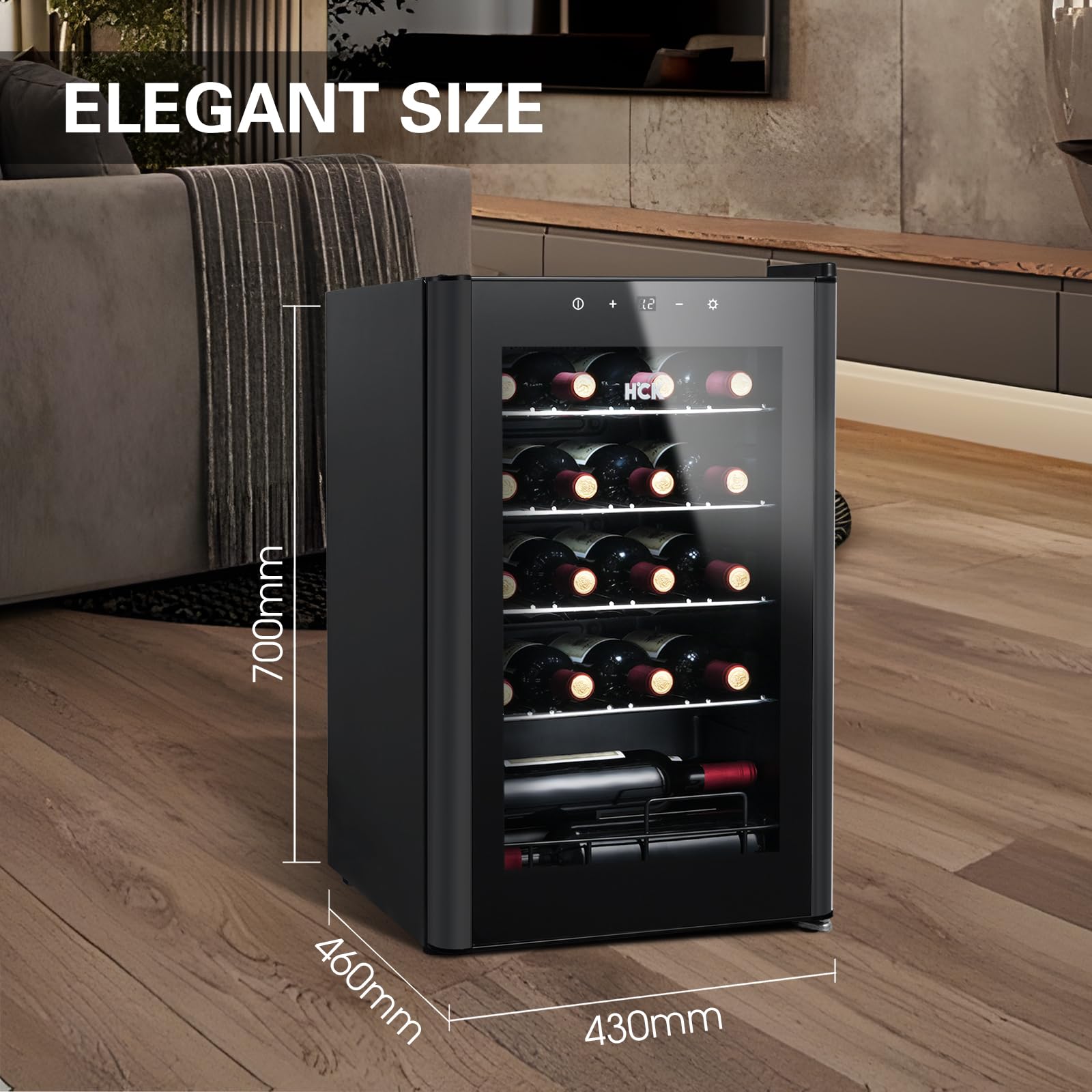 HCK 70L Weinkühlschrank für 24 Flaschen 4-22°C Glastür Schwarz