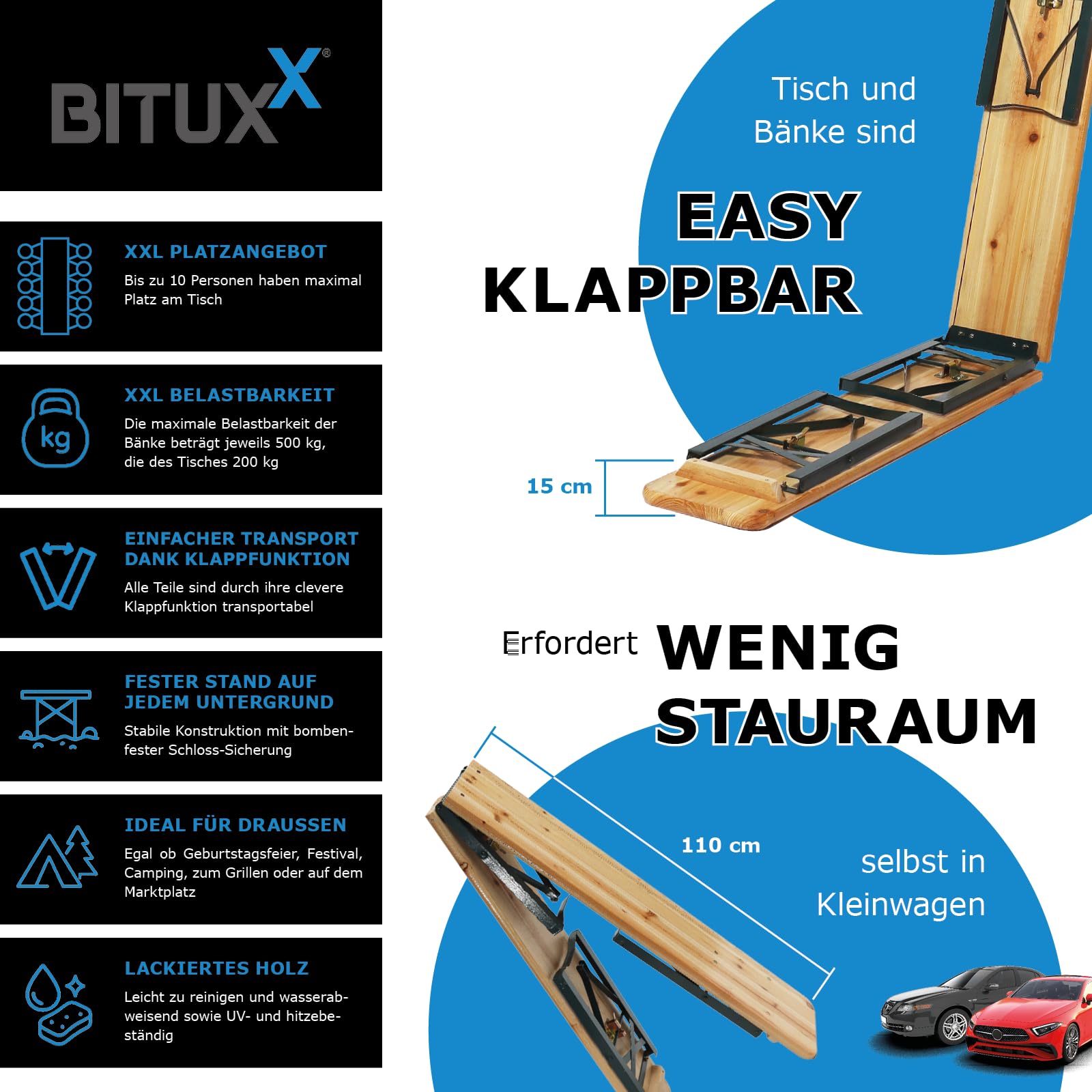 BITUXX Faltbare Bierzeltgarnitur Biertischgarnitur Bierbankgarnitur Festzeltgarnitur Biergartengarnitur Bierbank Biertisch Klappbar 1x Tisch 2X Bänke 216cm