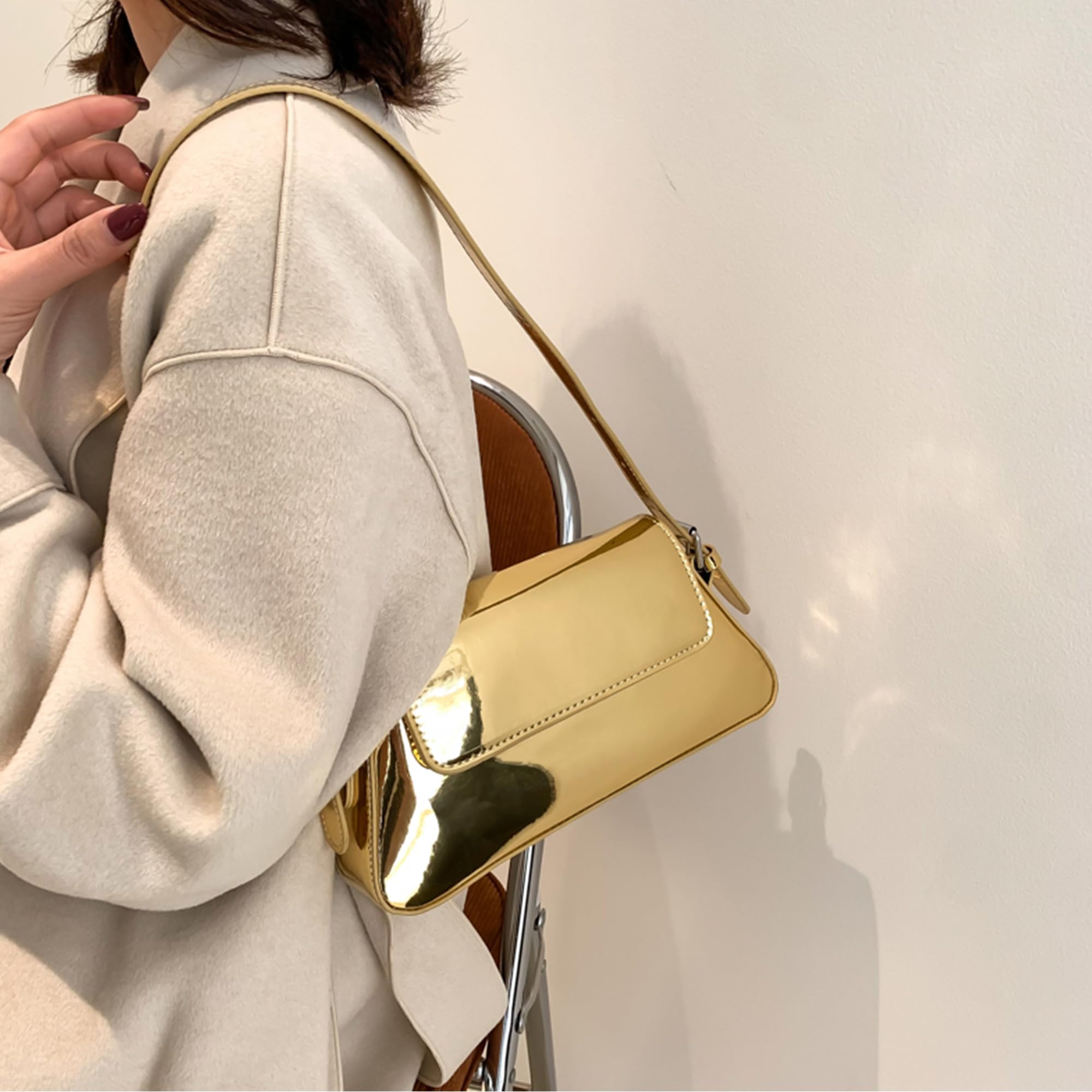 Bolso de hombro pequeño para mujer, lindo bolso de mano hobo de noche, bolso de mano Y2K plateado brillante para fiesta, graduación, boda, Oro, Pequeña 3