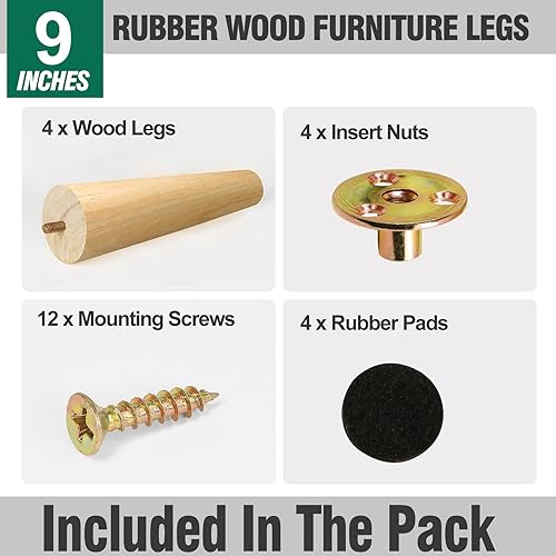 Miniatura 2 de FoDau770 Patas de madera de goma para muebles de 9 pulgadas, patas rectas de madera cónicas para sofá de mediados de siglo, juego de 4, patas de