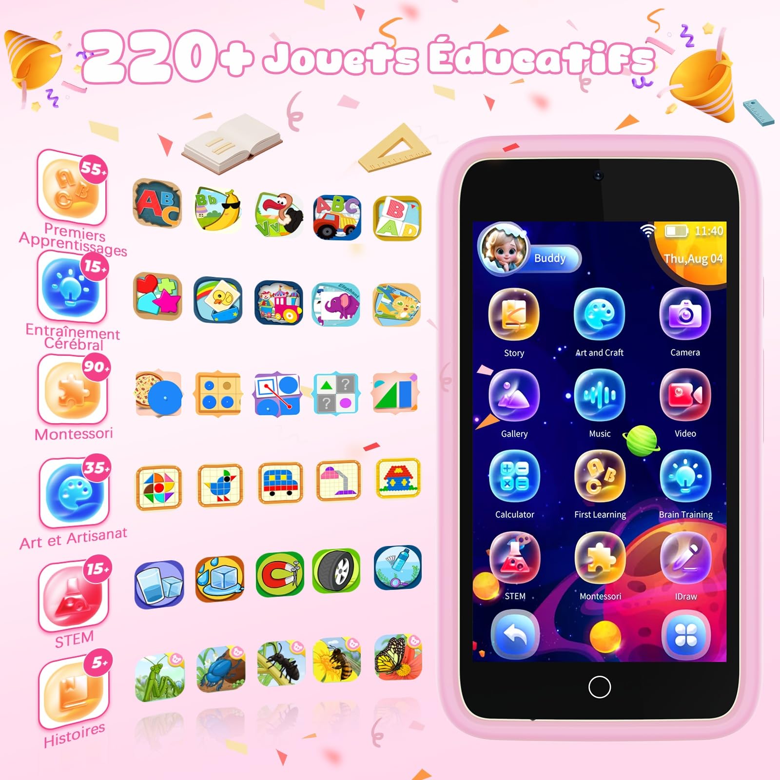 orantronx Jouet Téléphone Enfant Portable, 3.97" Smartphone Enfant 3 4 5 6 7 8 9 10 11 12 Ans avec 200+ Jeux Éducatifs, Double Caméra, Contrôle Parental, Jouet Garçon Fille pour Anniversaire, Noël