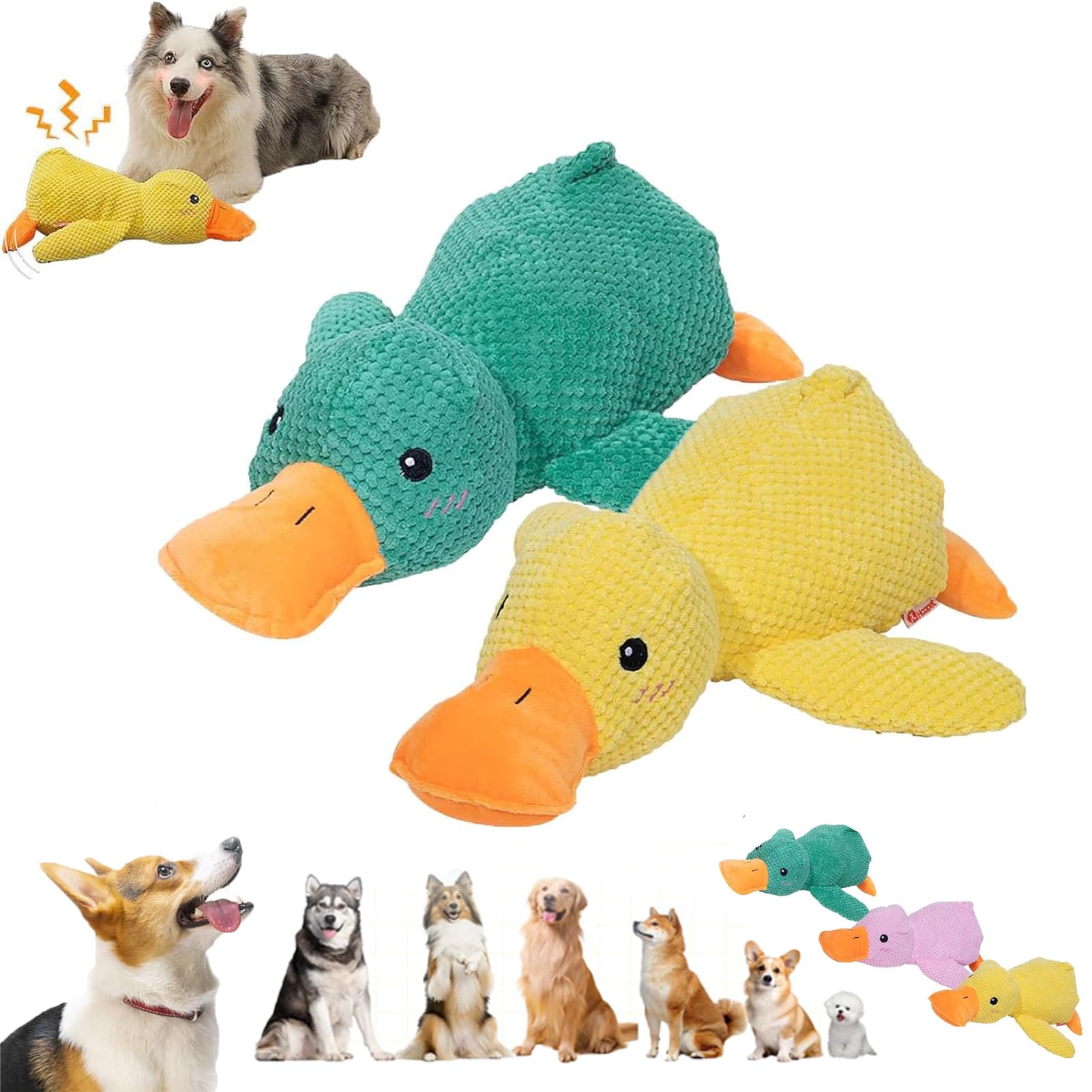 HOPASRISEE Quacker Calming Duck Toy, The Mellow Dog Calming Duck, Emotional Support Duck For Dogs, Yellow Duck Dog Toy, Yellow Stuffed Duck Dog Chew Toys, Squeaky Dog Chew Toys (L,yellow+green)