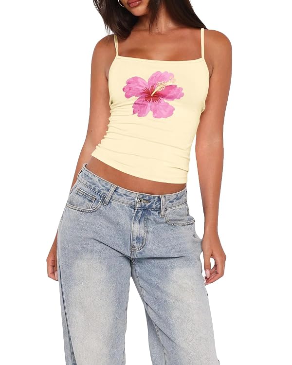 BAIGRAM Women Y2k Floral Graphic Square Neck Crop Tank Tops Fitted Backless Spaghetti Strap Cropped Cami Summer Outfits Yellow by BAIGRAM - Used condition - Image 2