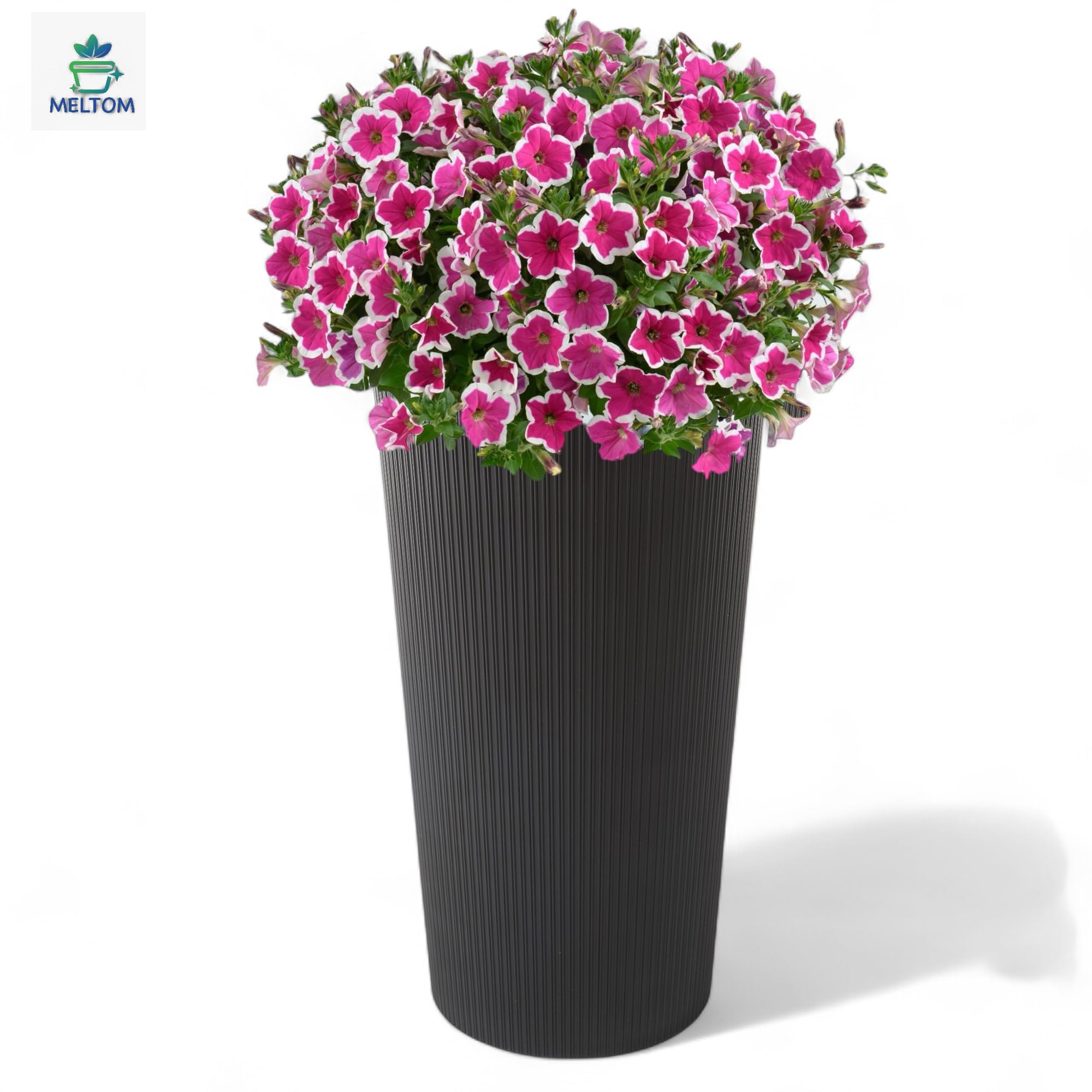 MELTOM Okrągła donica na kwiaty, smukłe, pionowe paski, doniczka 3D, z wyjmowanym wkładem, 3 kolory, 3 rozmiary (czarna, XXL-40 cm)