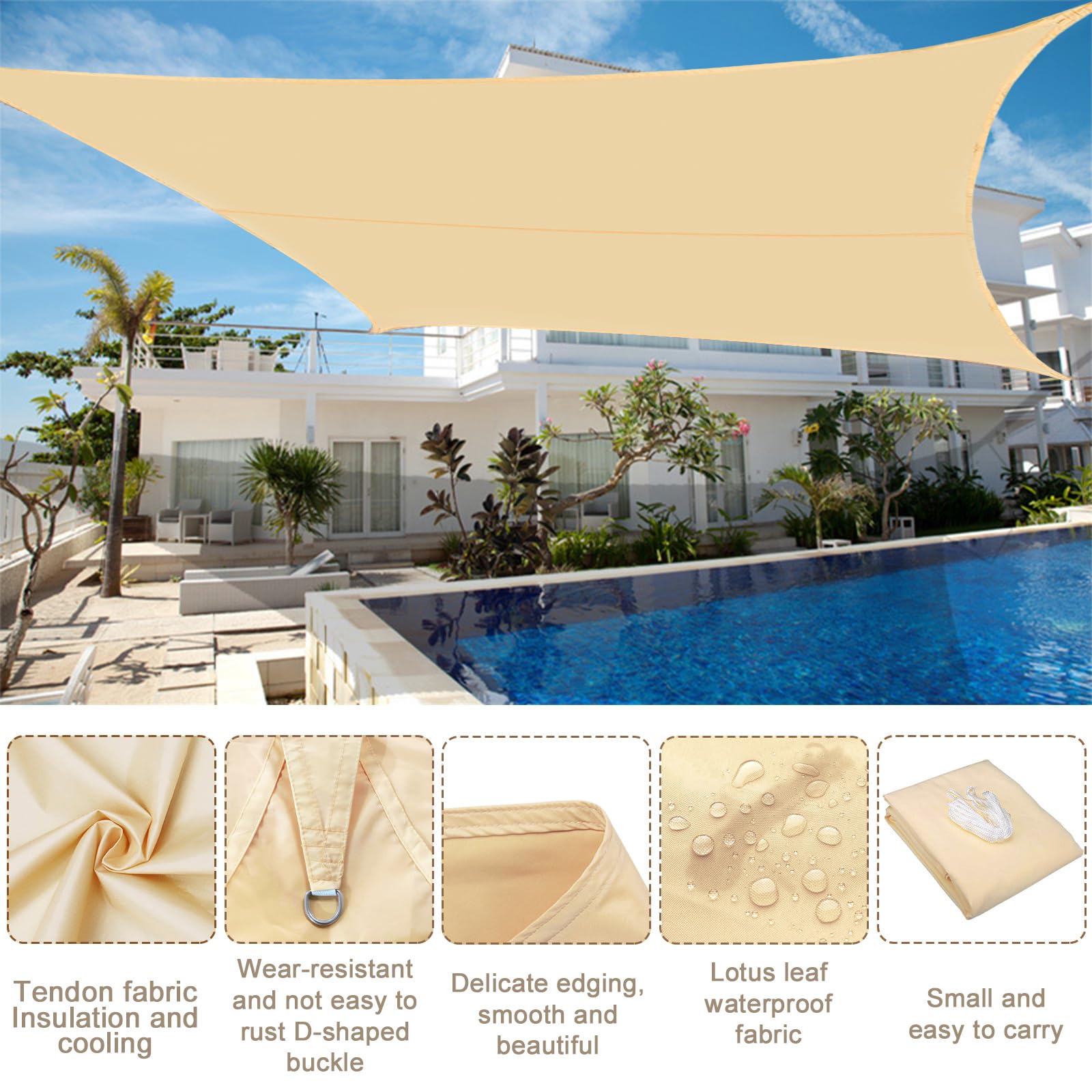 Toldo Vela de Sombra Rectangular 2x3m Protección UV, Toldo con Protección Solar,Toldode Vela Solar para Jardín Oxford a Prueba de Impermeable para Exteriores Patio Terraza Balcón,Beige - 4