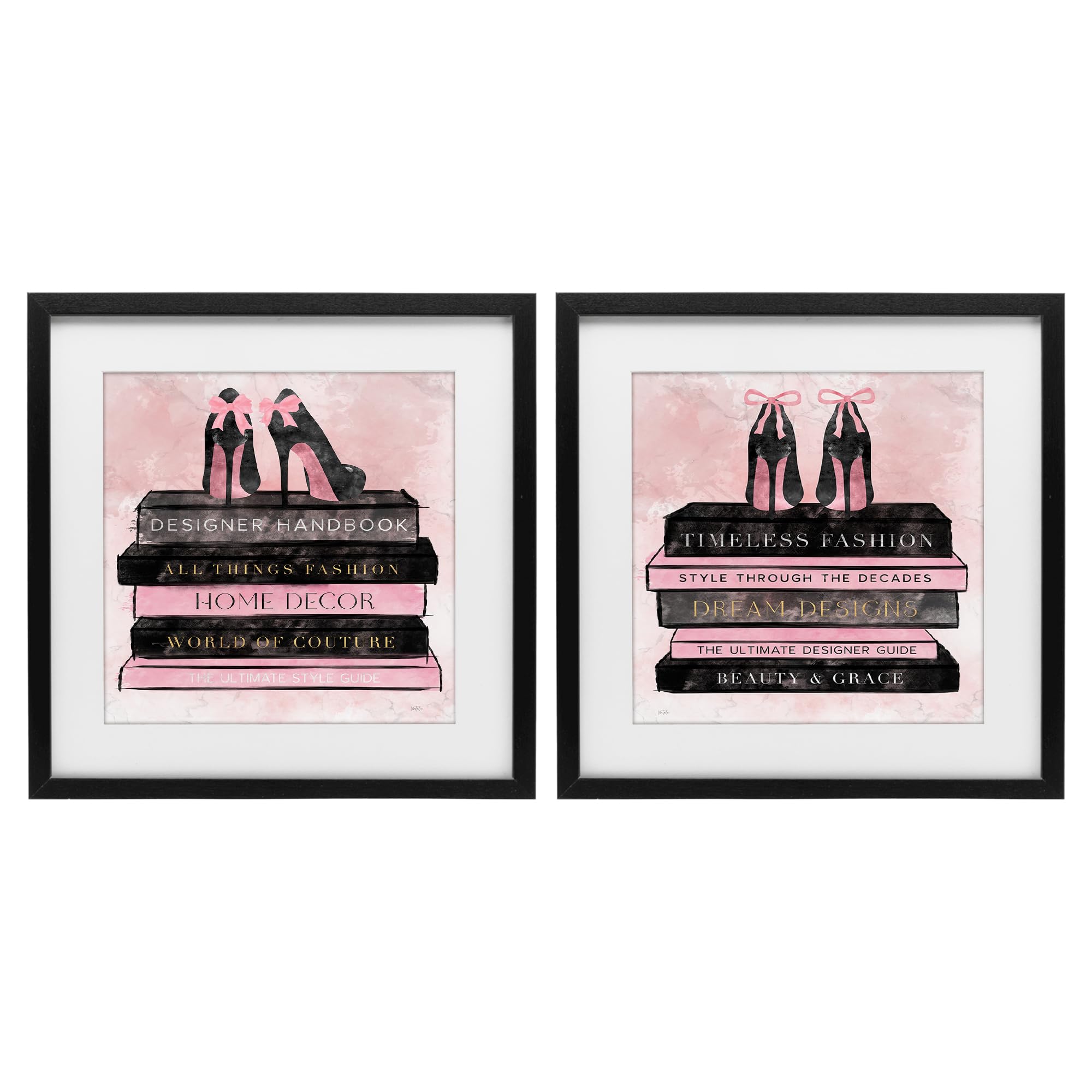 'Pink Heels Atop Books'| 2pc Framed Print Under Glass Set