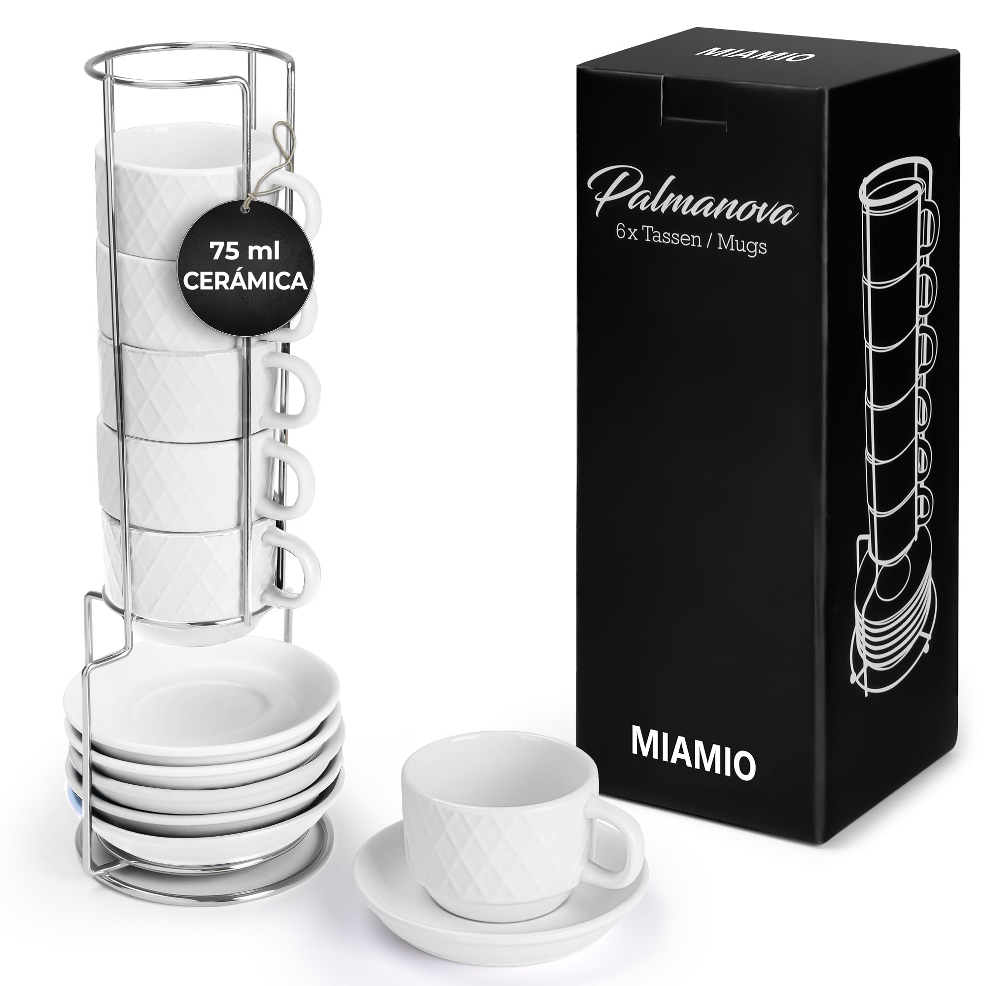 MIAMIO - Set de 6 Tazas Espresso 75 ml con Soporte Cerámica Gres – Tazas Pequeñas para Espresso – Juego Moderno en Blanco – Colección Palmanova, Apta Lavavajillas | Con soporte, apto para lavavajillas, microondas y frigorífico, 6 tazas