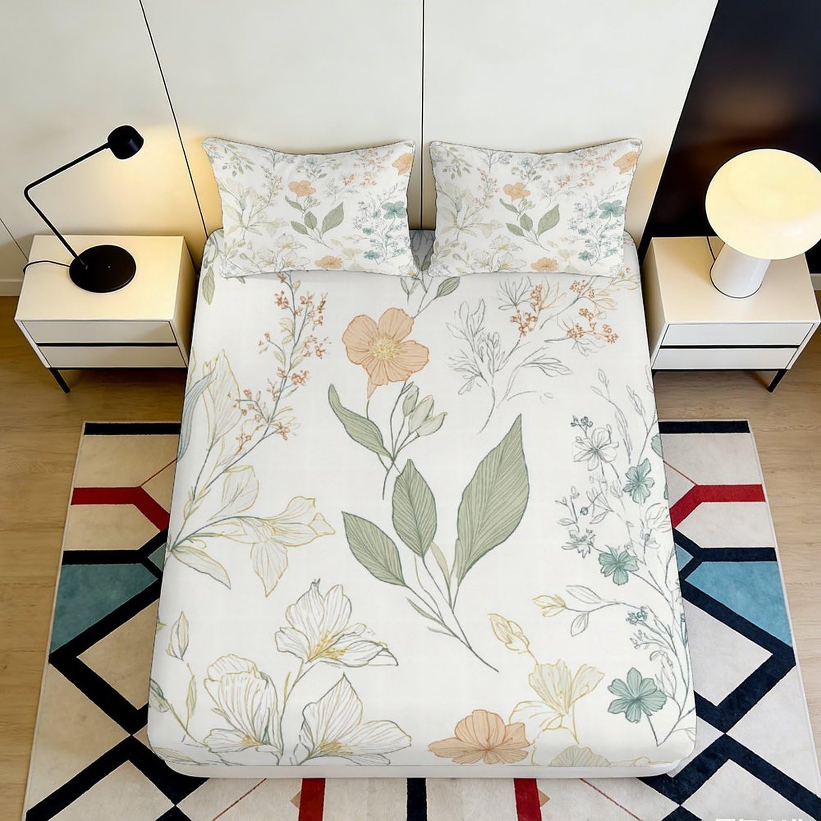 3D Printed Botanical Floral Fitted Sheet Microfiber Soft Anti-Slip Pastel Leaves Mattress Cover Bedroom Decor 90x200x25cm