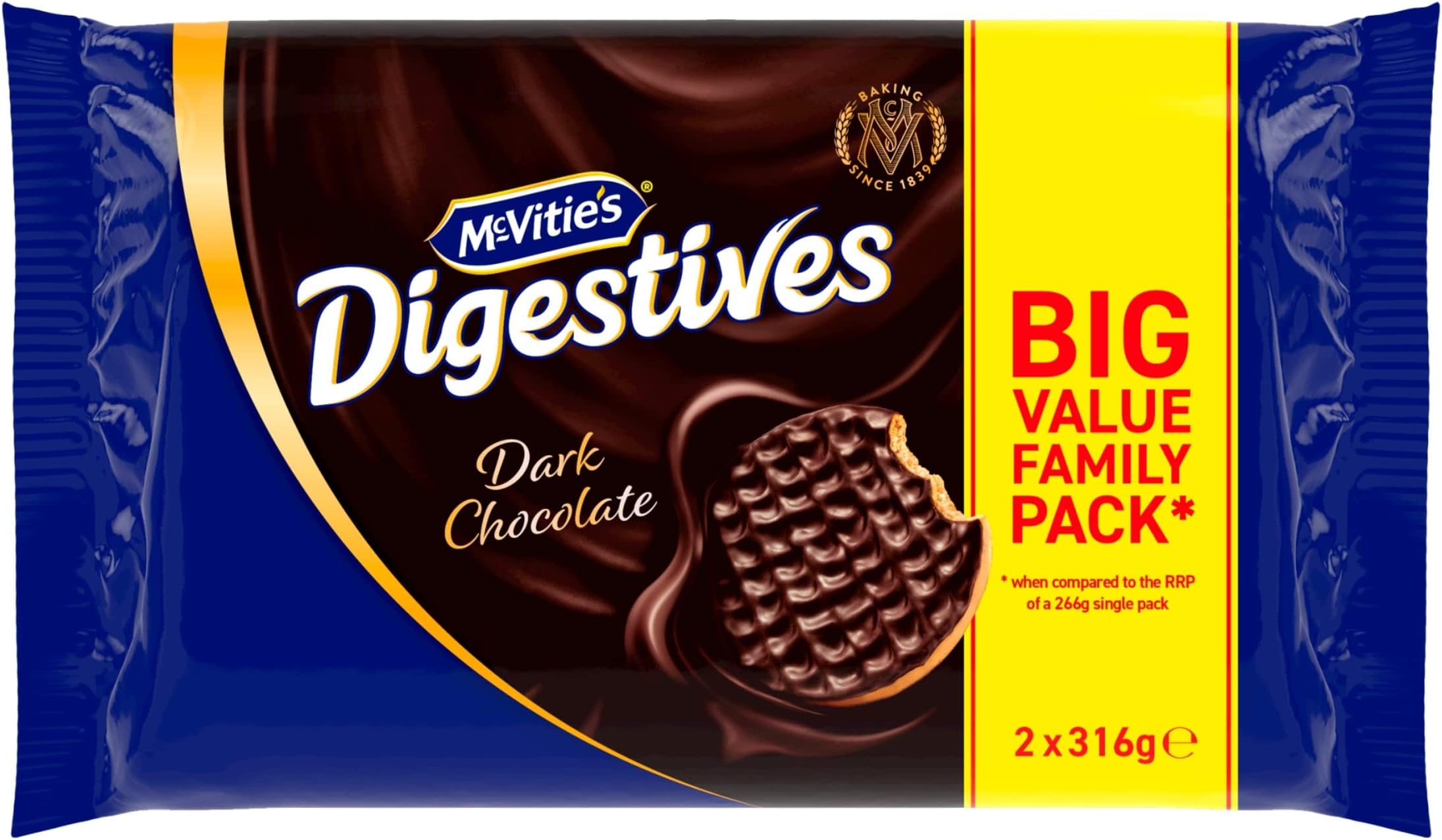Dark Digestive Biscuits Twin Pack 2 x 316 g, Chocolate, 632 gram