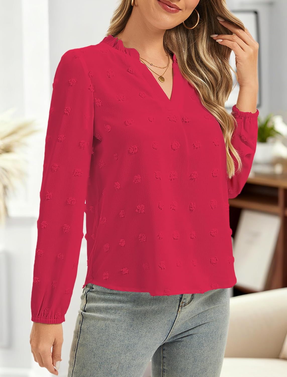 Womens Blouses Dressy Casual Long Sleeve Shirts V Neck Swiss Dot Business Work Tops 2026 Summer Tops S-XXL - Image 3