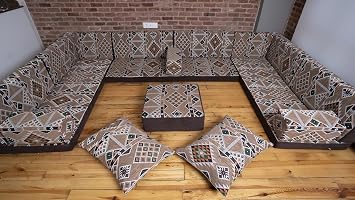 Premium U Shaped Arabic Sofa Set, Floor Cushions, Arabic Seating Floor Sofa, CNC Cutted Backrests, Moroccan Sofas, Arabic Majlis U Sofa Full Set