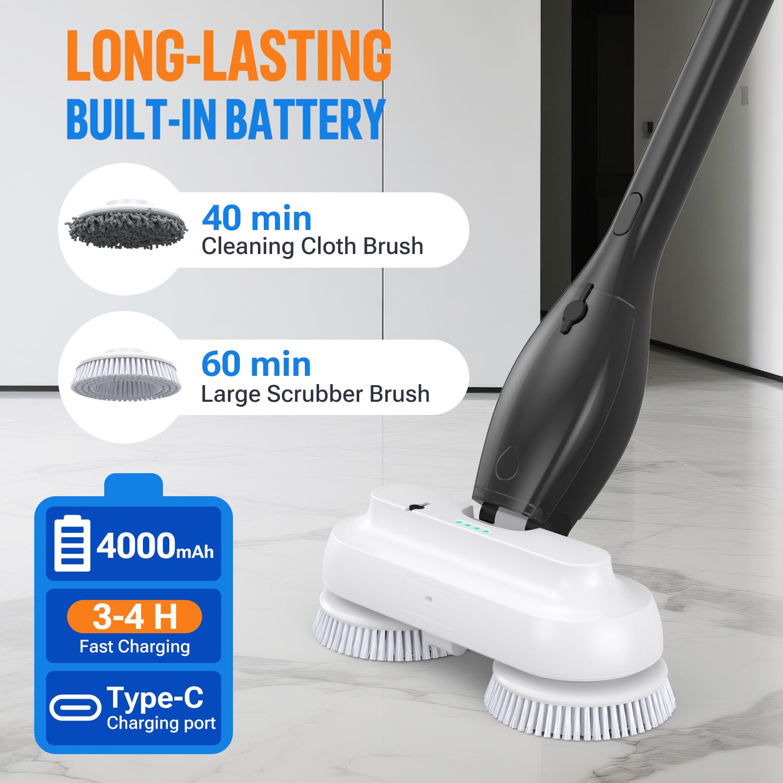 Balai Nettoyeur de Sol Électrique Sans Fil IPX8 avec Pulvérisateur, Autonomie 60 Min, Réservoir 800ml, Manche 4-Niveaux, Nettoyeur et Polisseur pour Parquet, Carrelage et Marbre
