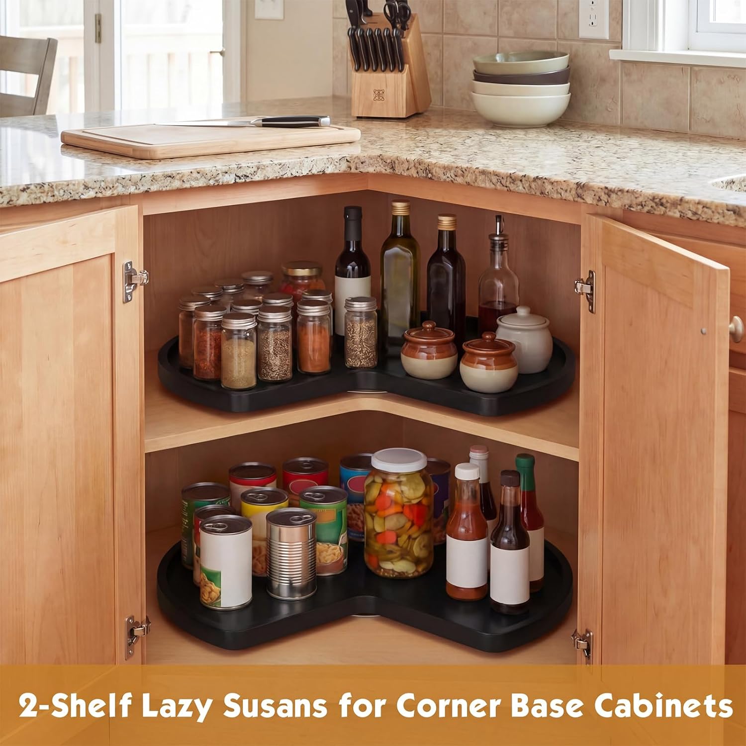 Leinuosen 2 Pcs 24in/28in/32in Banded Pine Wood Full Kidney Shaped Lazy Susan for Corner Base Cabinets with Iron Swivel Bearing for Kitchen Turntables, Not Include Metal Rod (32 Inch,Black)