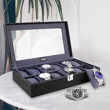 ALAWO Watch Box Organizer Case with 12 slots of Watches in Transparent Display with Black & Cream Gray Color in PU Leather