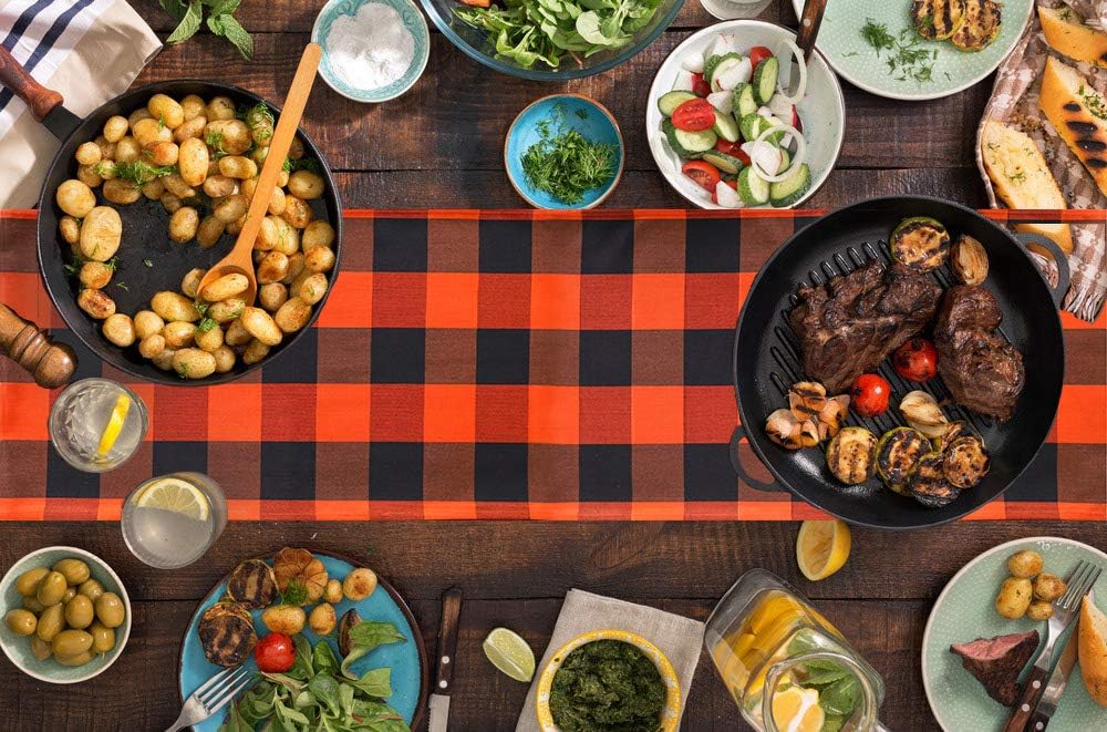 4TH Emotion Buffalo Check Plaid Table Runner for Indoor and Outdoor Parties, Family Dinner Party Events Polyester Cotton Orange and Black (14x108 Inches, Seats 8-10 People)
