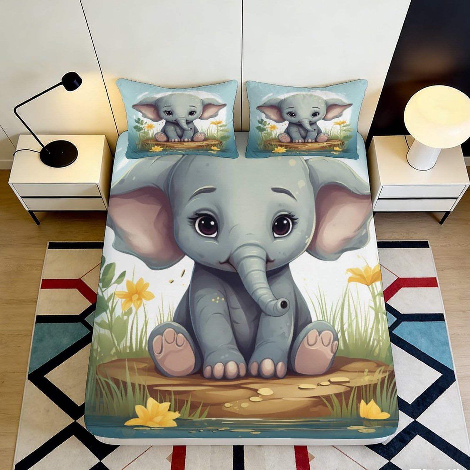 3D Printed Cute Elephant Fitted Sheet Microfiber Soft Breathable Cartoon Animal Mattress Cover for Bedroom Guest Room Dorm Use 120x200cm 160x200x25cm