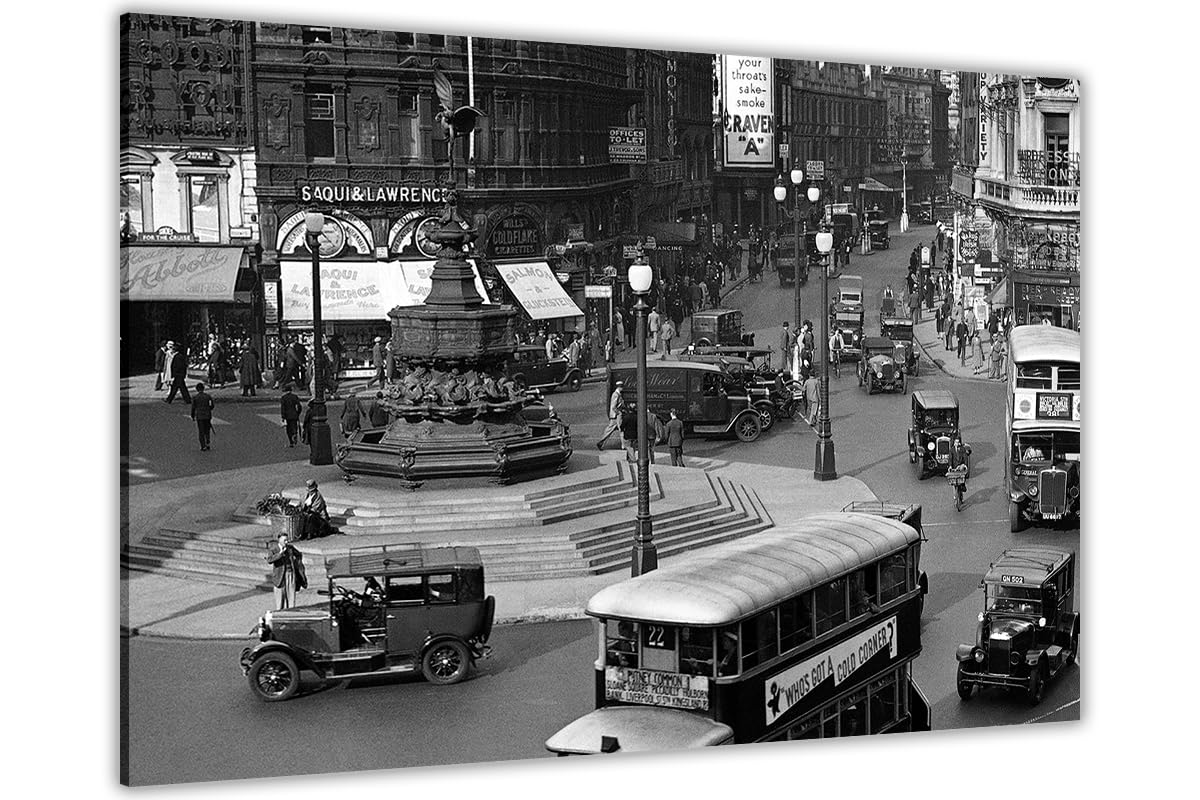Historic London Picadilly Circus Black & White Canvas Wall Art, Wall Art Picture Print for Living Room and Bedroom (31cm x 20cm / 12x8inch)