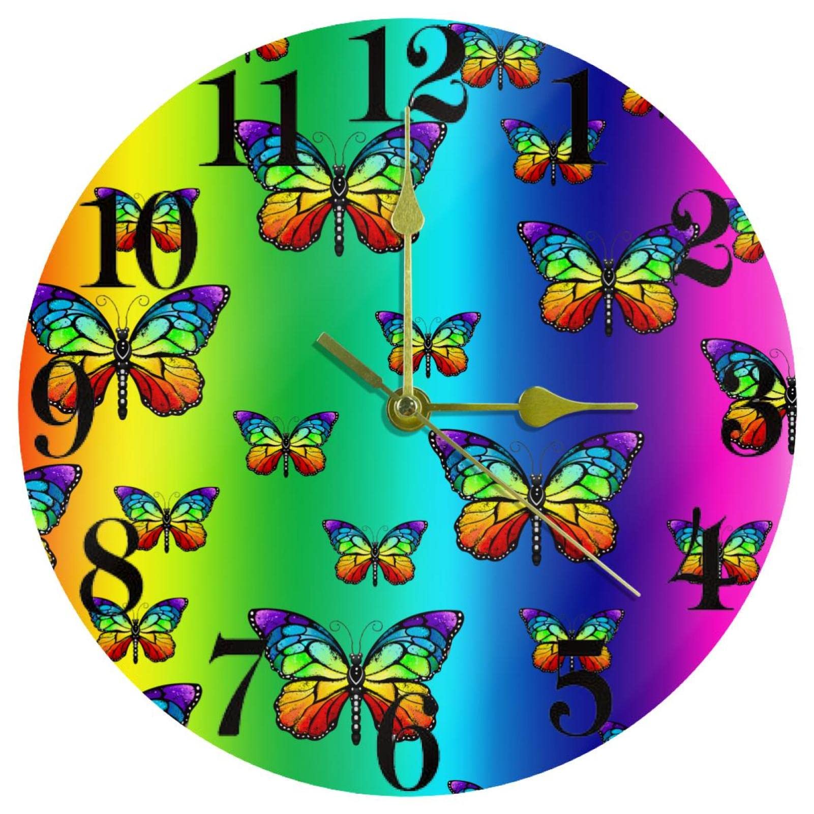 Horloge murale ronde silencieuse papillon multicolore 25cm à quartz pour cuisine et salon