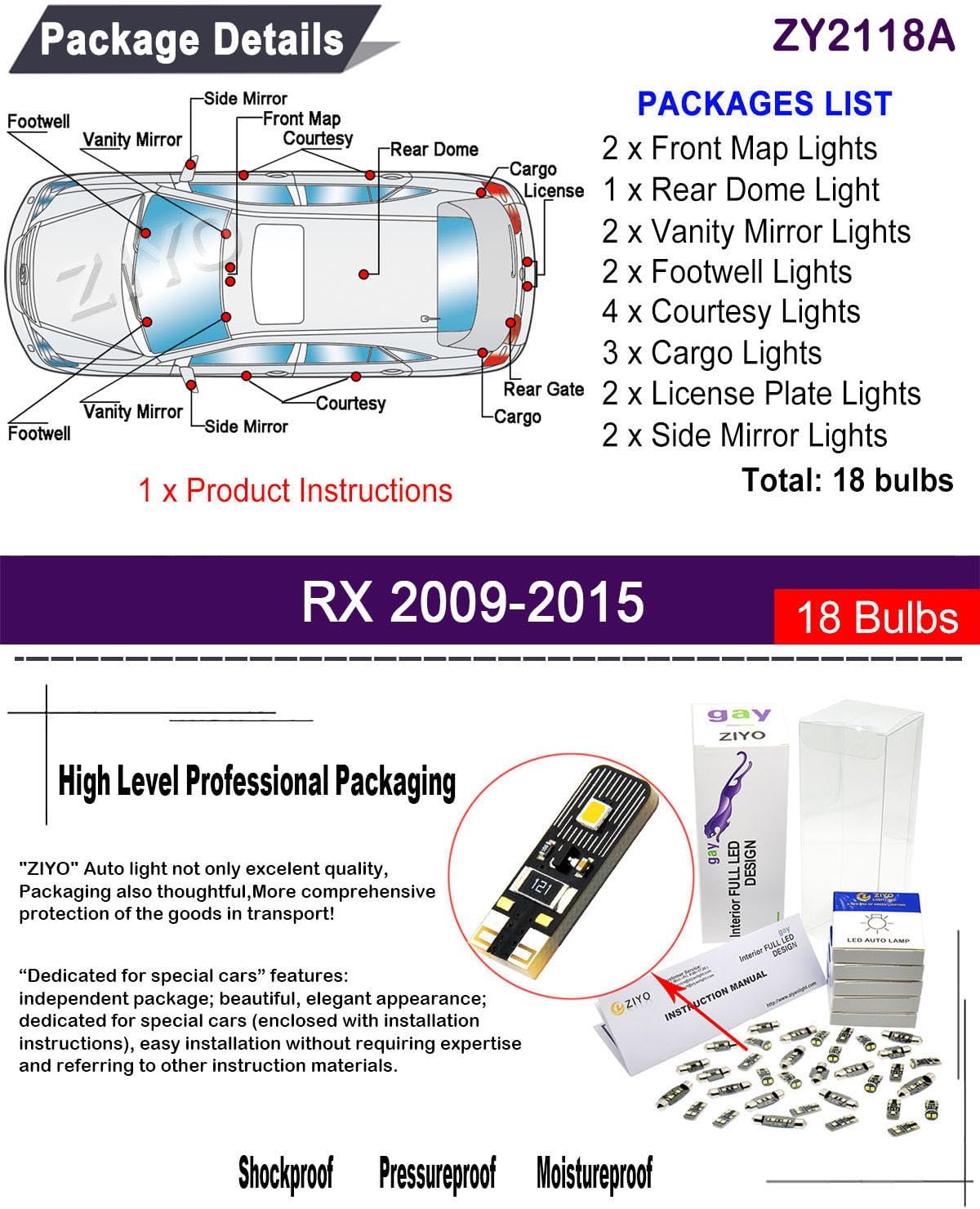 LED Interior Light kit for Lexus RX330 RX350 RX400h RX450h, 6000K White Dome Lights Accessories Replacement Package, LED Light Bulbs Upgrade (For Lexus RX 2009-2015 (18 Bulbs))