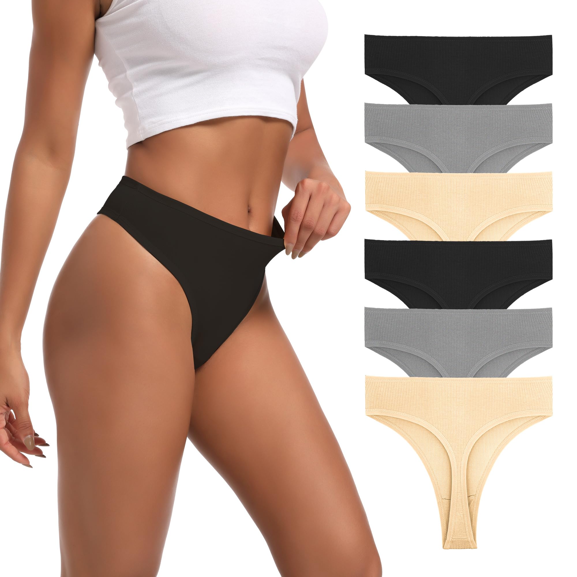 High Waisted Ribbed Cotton Thongs 6-Pack
