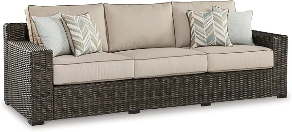 Signature Design by Ashley Coastline Bay Casual Weather Resistant Outdoor Sofa with Cushion and 4 Throw Pillows, Beige & Dark Brown