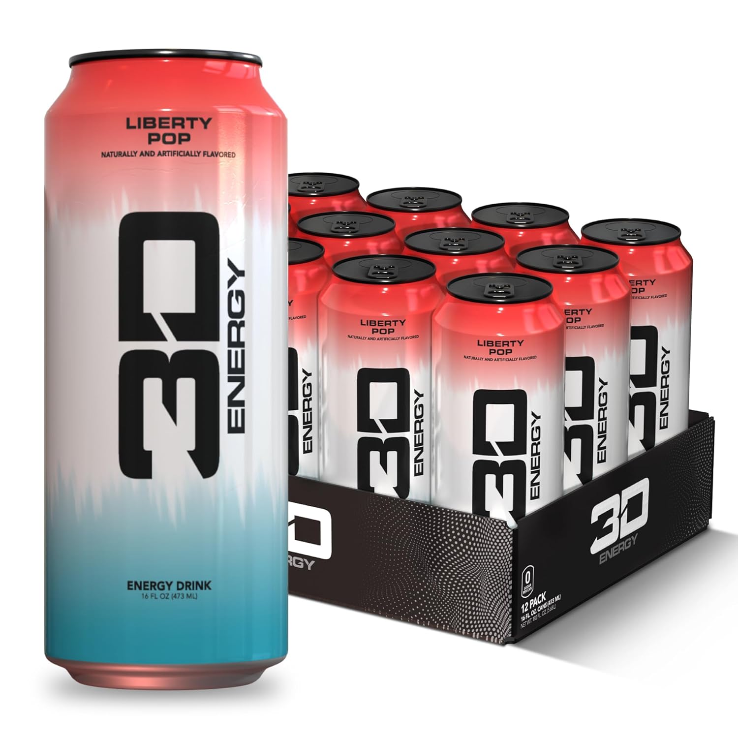 3D Energy Drink – Sugar Free, 200mg Caffeine, Pre Workout, Taurine, L-Carnitine, Lightly Carbonated, 16oz Cans, 12 Pack - Liberty Pop