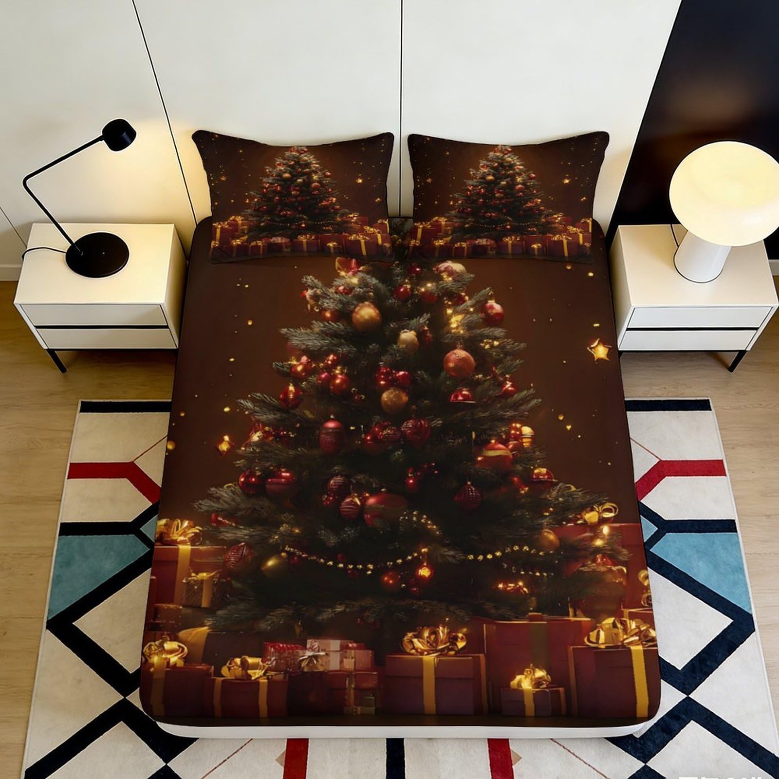 3D Printed Christmas Tree Fitted Sheet Microfiber Soft Breathable Mattress Cover for Bedroom Dormitory Guest Room Protection Decor 200x200x25cm