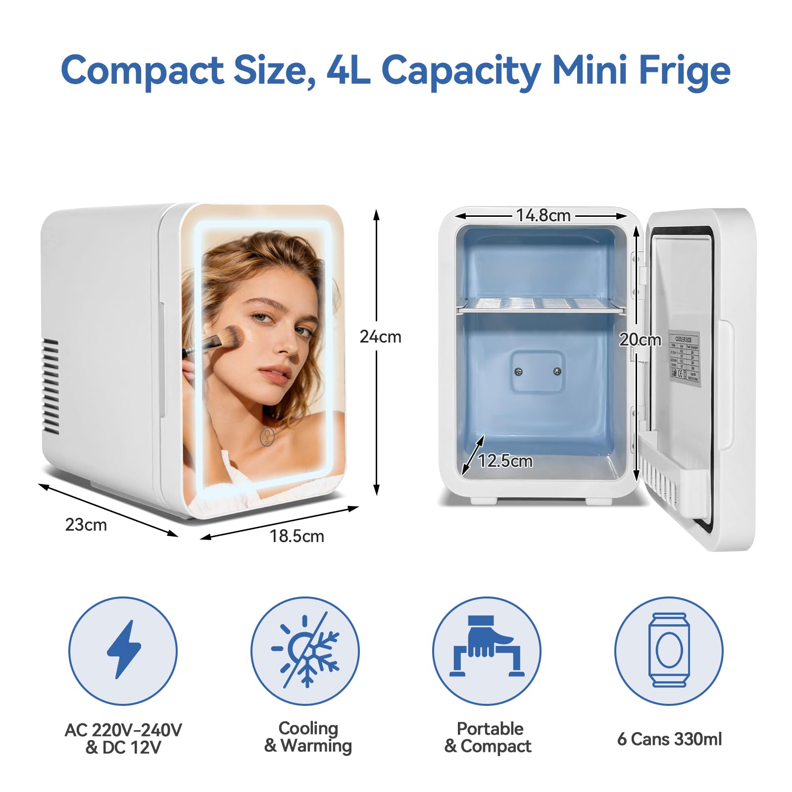 Kwanner 4L Portable Skincare Fridge with Dimmable LED Light Mirror - Cooler & Warmer Mini Fridge for Bedroom Office, Compact Cosmetic Fridge for Makeup, Food, Drinks (White) — view 6