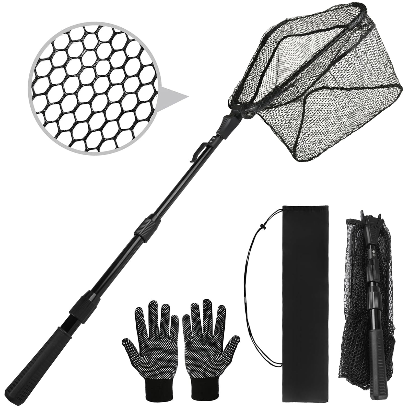 Fishing Kescher Angeln, Teleskop Gummierter Angelkescher - Stabil, Faltbar und Fischfreundlich, Unterfangkescher Angel Kescher Teich Karpfenkescher für Teich Pool Angeln