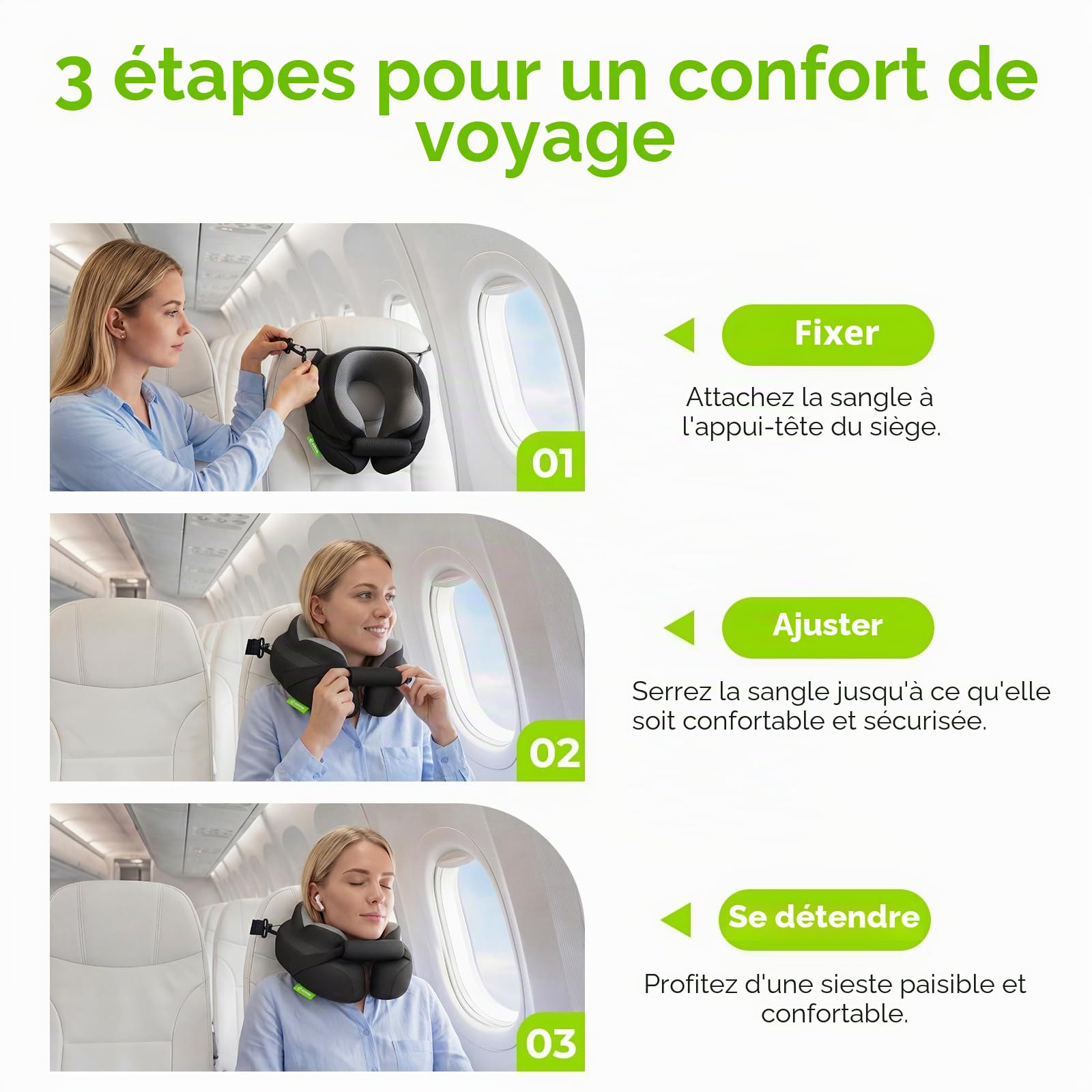 AUVON Coussin de Voyage avec Support Menton pour Confort de Sommeil Optimal | Soutien 360° nuque détente, oreiller voyage mousse mémoire sans pression oreilles, sac de transport, housse aérée et lavable