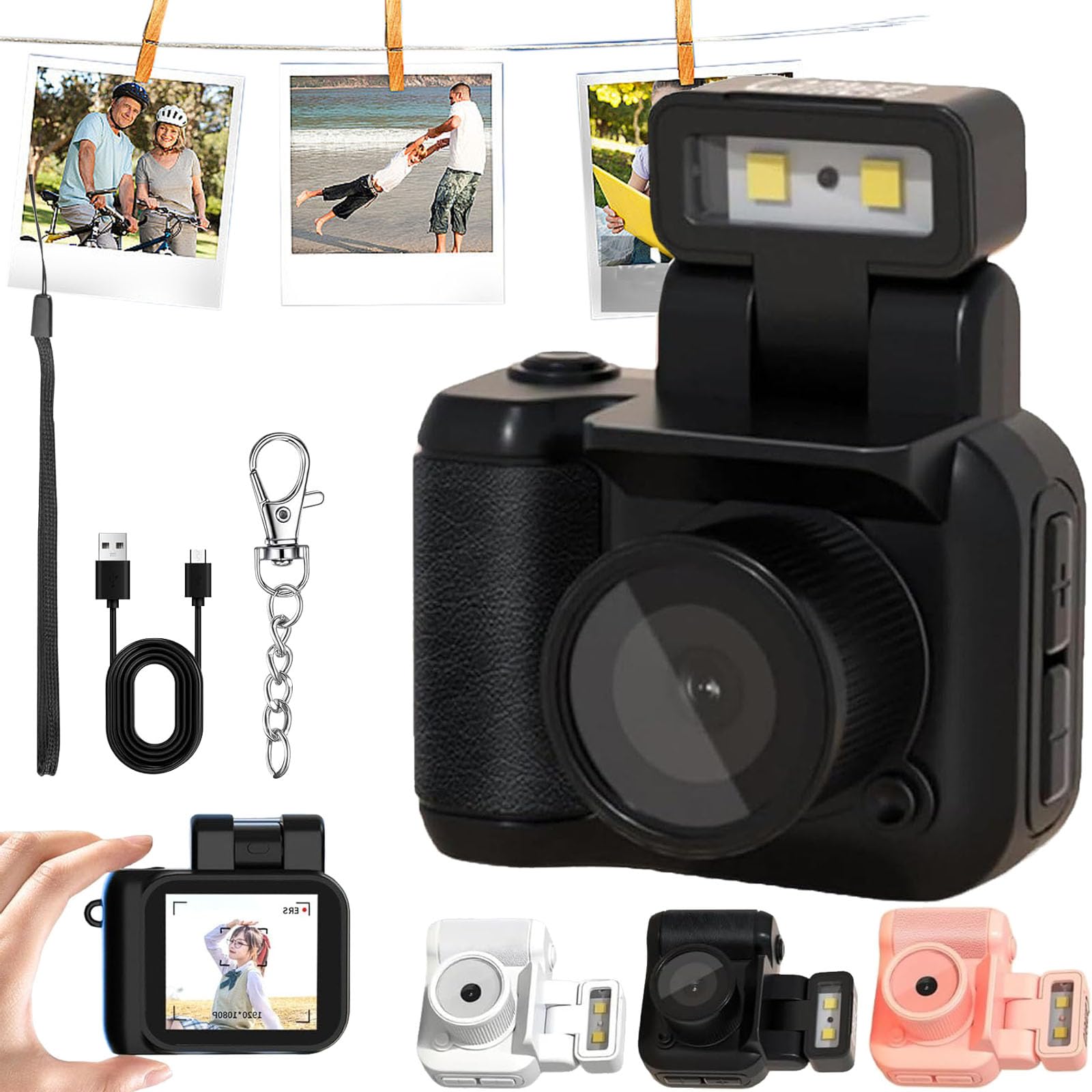 Retroscope Mini Camera, Retroscope, Retrosnap Mini Camera, 1080p Hd Mini Retro Camera, Tiny Camera Keychain, 1.44 in Screen, 90° Flip Flash, for Life Recording (Black, Camera only)