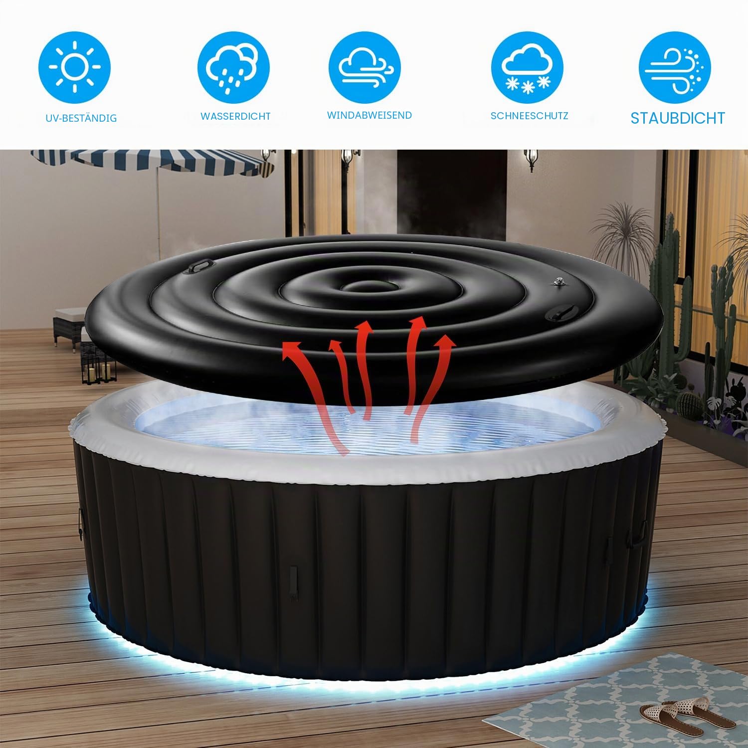 140cm Aufblasbare Whirlpool Abdeckung Runde Whirl Poolabdeckung mit Griffen Aufblasbare Badewannenabdeckung Regenfest Und ReißFest Whirlpoolzubehör Energiesparende Spa Abdeckung