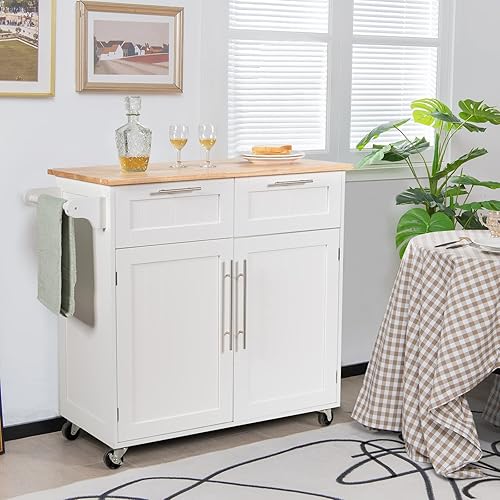 Miniatura 9 de COSTWAY Isla de cocina con ruedas, carrito de cocina con barra lateral para toallas, 2 cajones, gabinete de 2 puertas, carrito rodante de