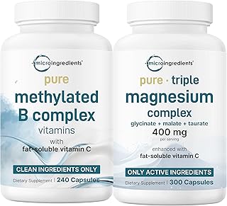 Micro Ingredients Pure Methylated B Complex & Pure Triple Magnesium 400mg Capsules | 2 Pack Bundle | Glycinate, Malate, B12, Thiamin, Fat Soluble Vitamin C, & More | Clean Ingredients Without Fillers