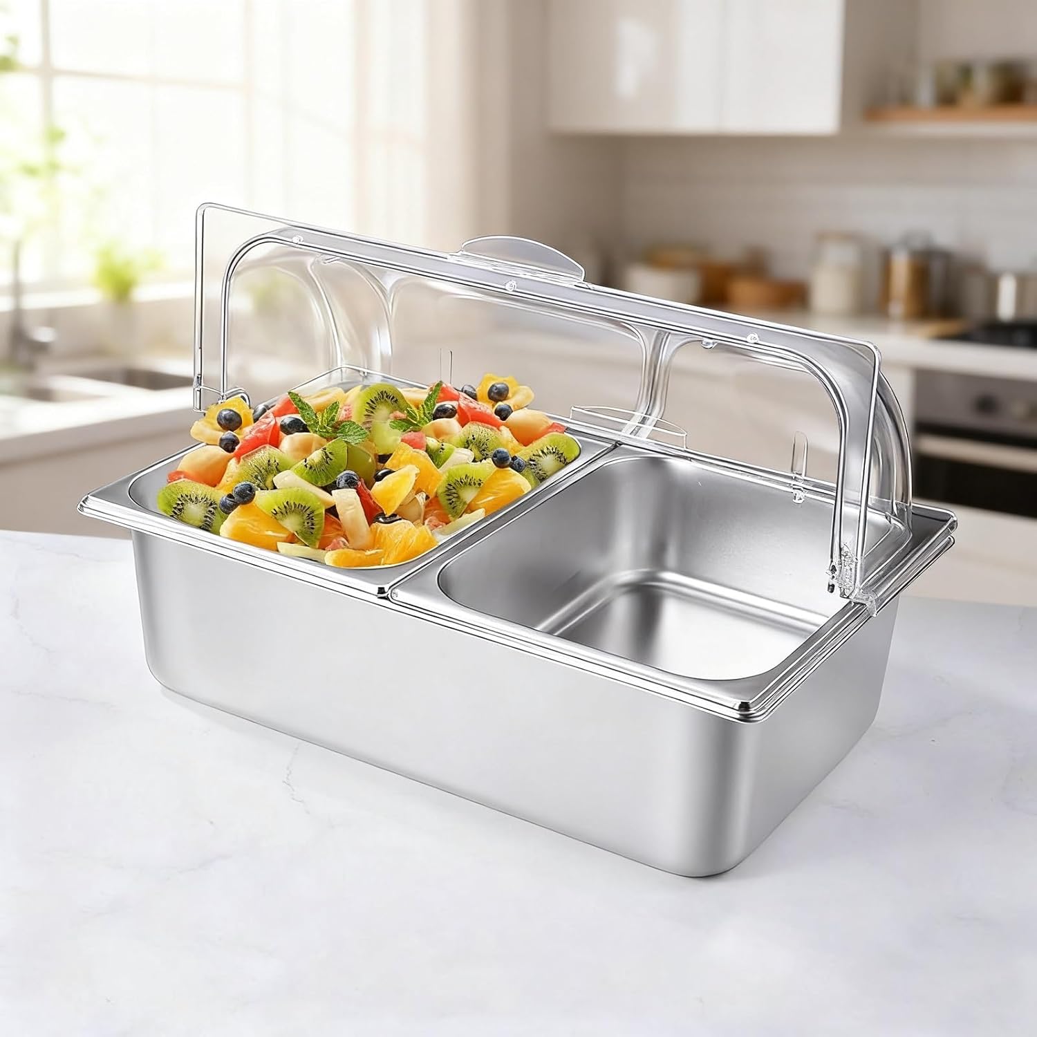 Food Serving Display Container with Clear Roll Top Cover, Stainless Steel Buffet Condiment Dispenser 2 Pans Cold Food Serving Tray Plate Case for Fruit Vegetable Salad