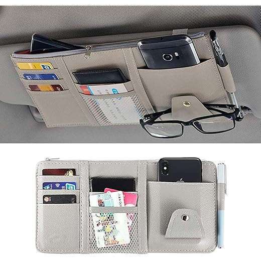 HSR Car Accessories Car Sun Visor Organizer, Sunglass Pen Card Small Document Storage Pouch Holder, PU Leather, Multi-Pocket with Zipper Net (Grey)