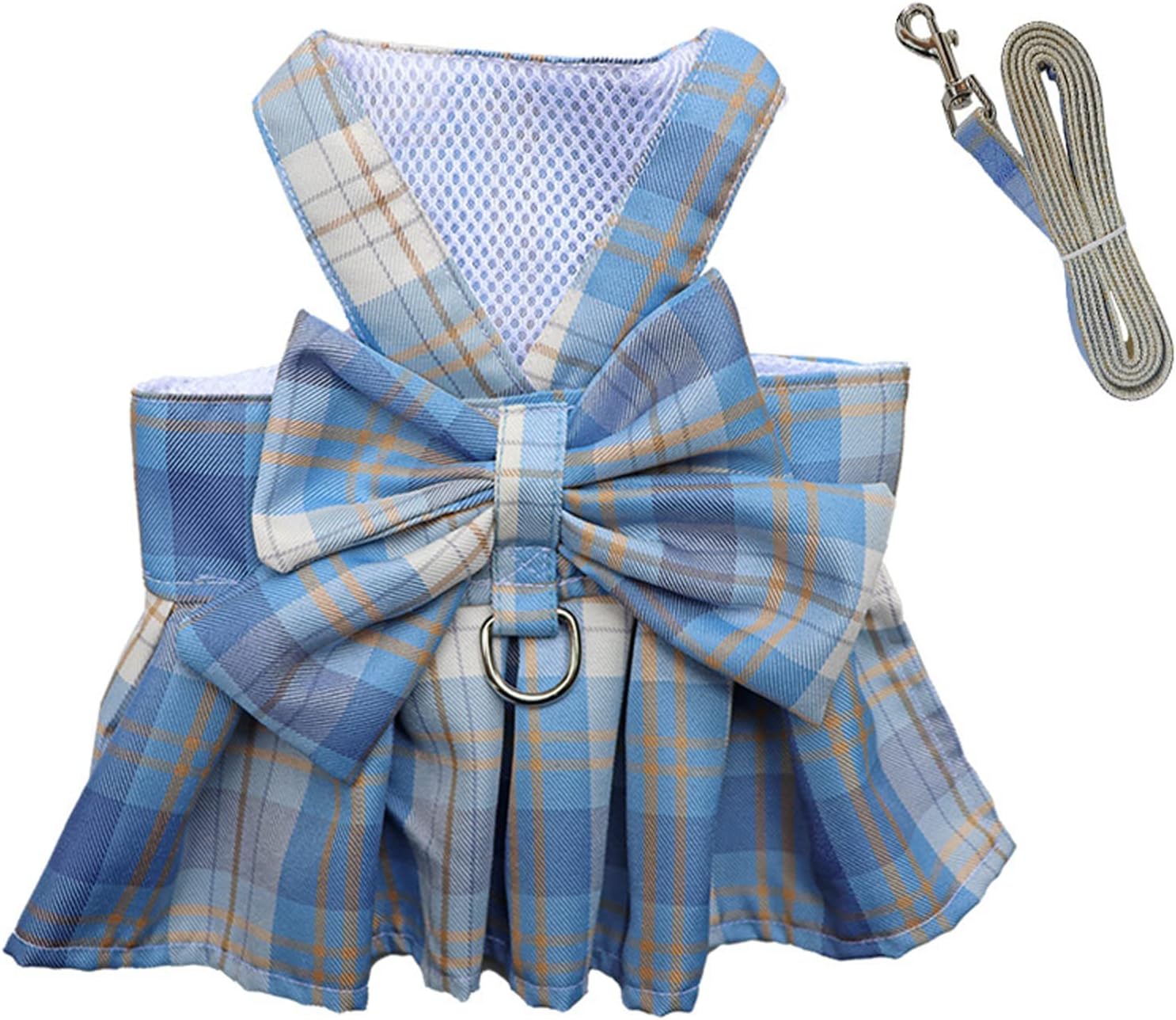 Dog Harness and Leash Set, Cute Bow Tie Plaid Harnesses for Puppy Cat, Adjustable Pet Kitties Vest, Breathable Harness Traction Rope for Boy Girl Small Animal(Skirt Sky Blue,S for 3.3-5.5lbs Dog)