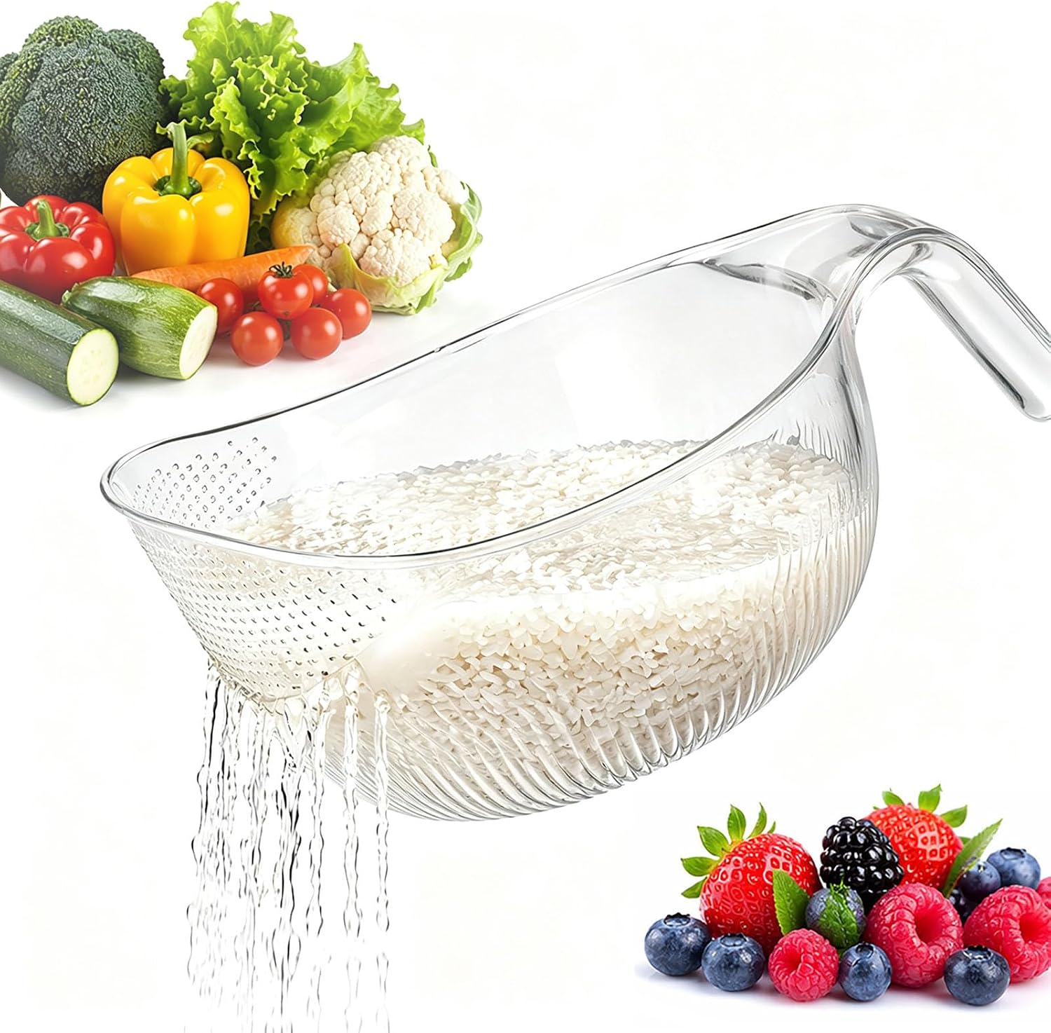 Multipurpose Rice Rinser Strainer with Handle for Rice, Fruits, Beans | Handled Rice Washing Bowl Strainer with Fine Holes, Multifunctional Drain Bowl for Draining Rice, Grain, Fruit and Vegetables