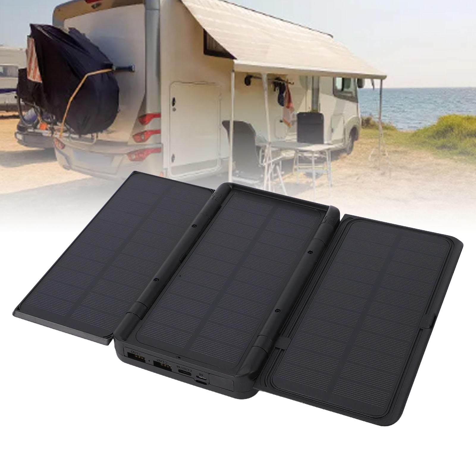 Jectse Solar Power Bank 10000mAh, UPS 3 Pannelli Solari Pieghevoli Ingresso USB C Uscita PD20W Ricarica Rapida, Caricatore Solare Portatile con Luce SOS per Campeggio di Emergenza