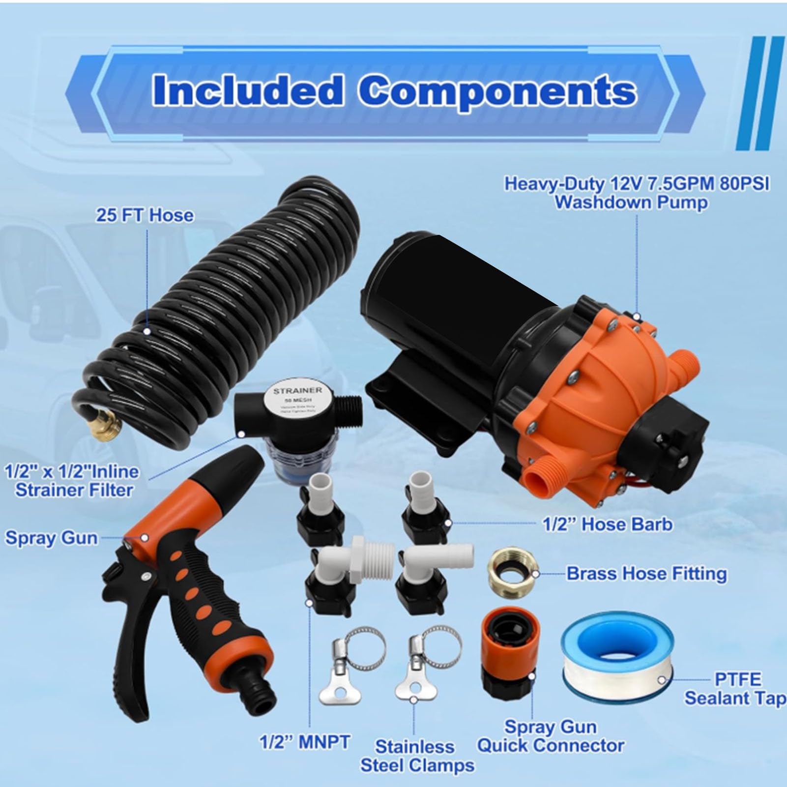 KIMISS Kit de Bomba de Lavado de Cubierta 7,5 GPM 80 PSI Filtro Incorporado Bomba de Lavado de Barcos para Remolques de Viaje RV Uso en Agua Dulce y Salada de Agua Marina de 12 V