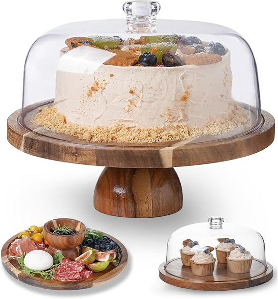 Acacia Wood Cake Stand with Lid – 12in Round Wooden Cake Holder with Large Acrylic Dome Cover, 2-in-1 Serving Tray and Charcuterie Board for Cheese, Dessert, Fruit, Chips & Snack Display
