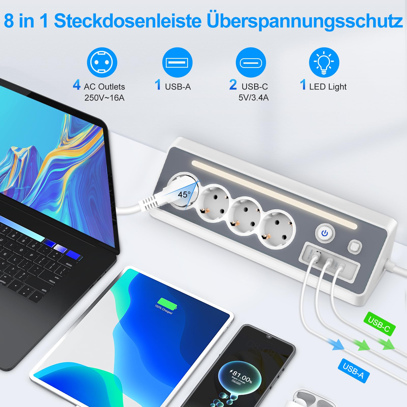 7-IN-1Steckdosenwürfel ohne Kabel and 4 Fach Flachstecker Mehrfachsteckdose 4 Fach Flachstecker Mehrfachsteckdose
