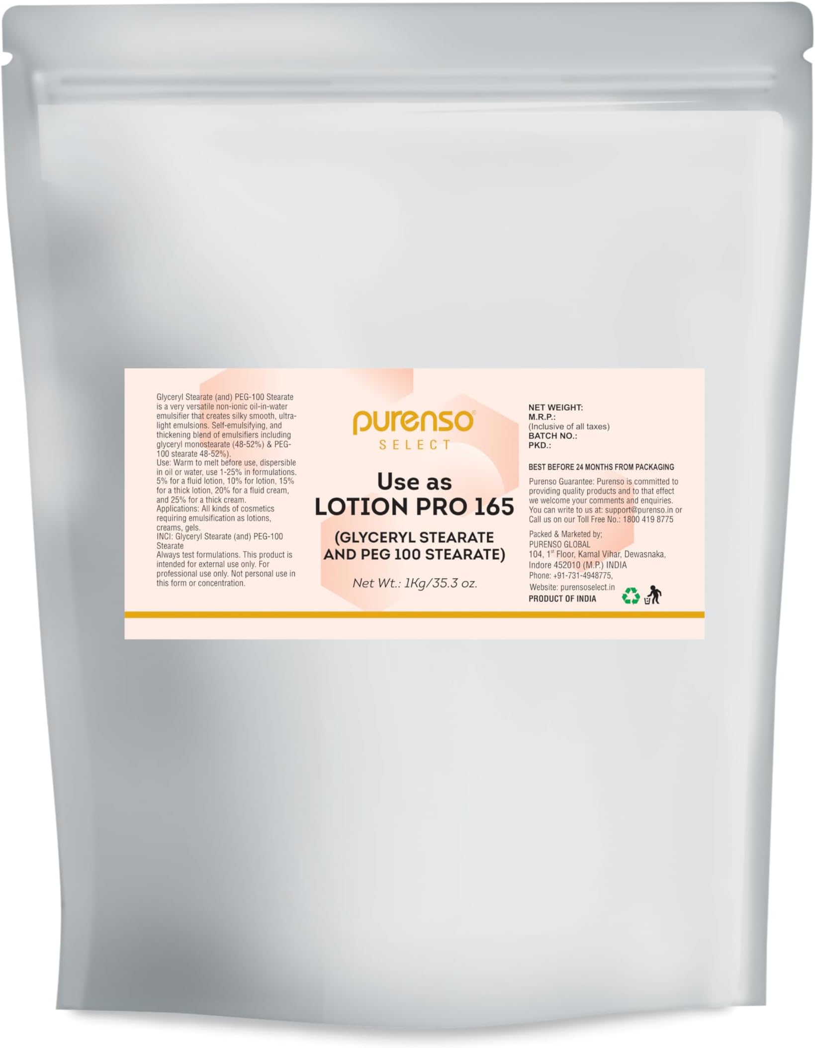 Select - Glyceryl Stearate and PEG 100 Stearate (Lotion Pro 165), 1Kg I Emulsifying Wax, Bulk for Cosmetics and Personal Care Products
