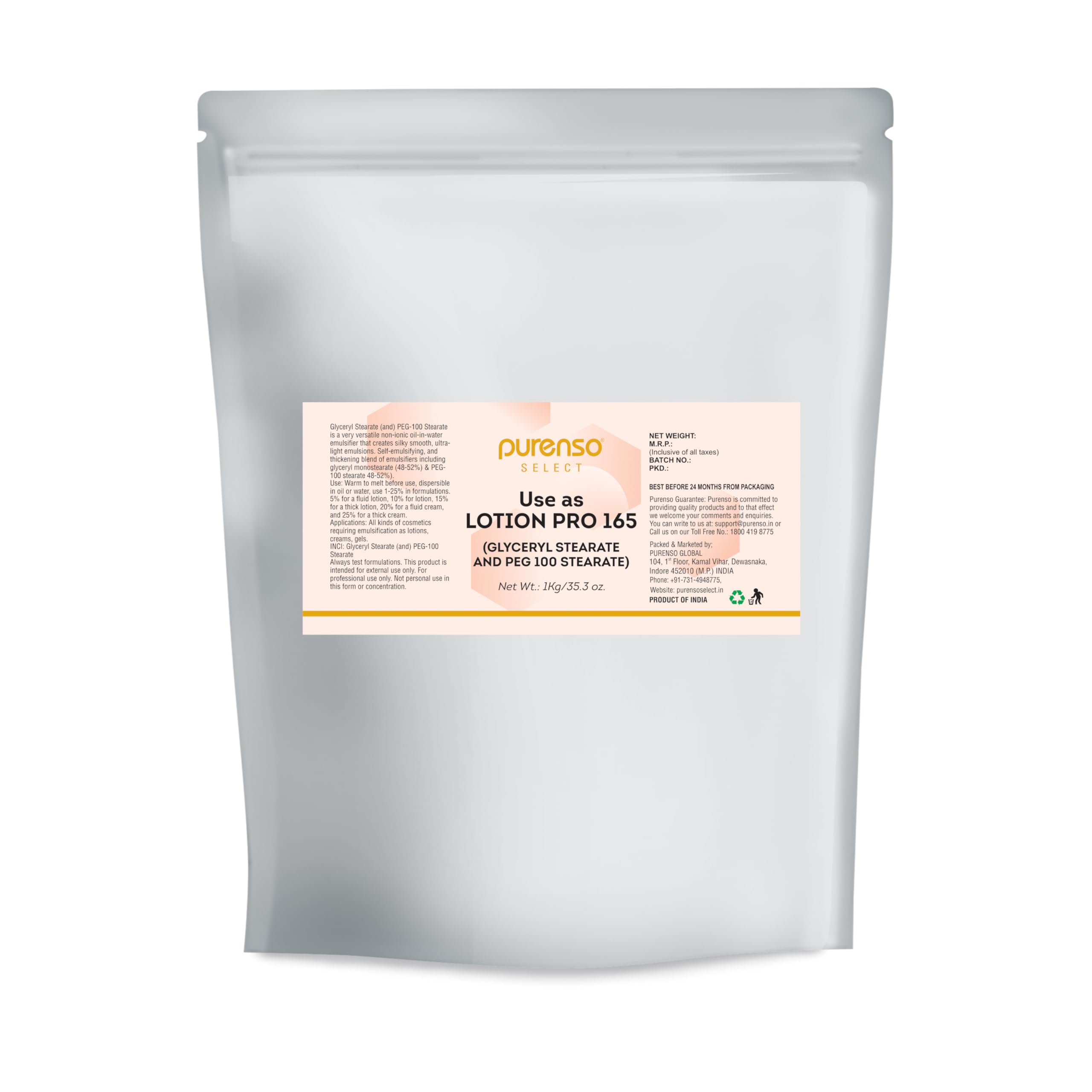 Purenso Select - Glyceryl Stearate and PEG 100 Stearate (Lotion Pro 165), 1Kg I Emulsifying Wax, Bulk for Cosmetics and Personal Care Products