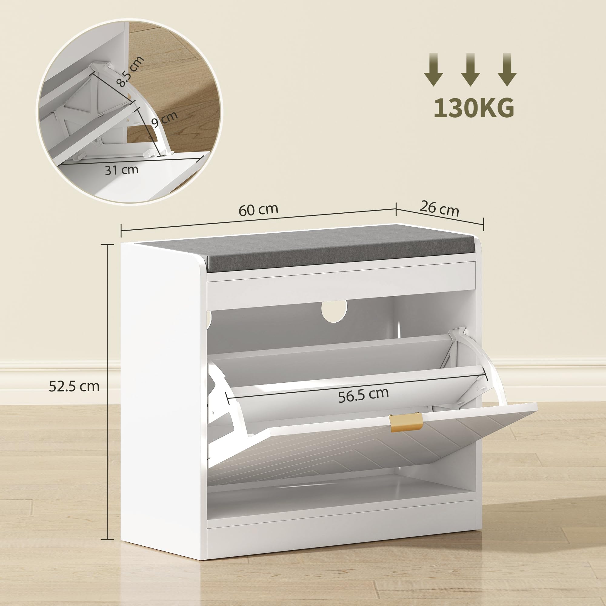 HOMCOM Banco Zapatero Estrecho 1 cajón abatible, 5 Pares, Blanco | 4 ventilaciones, entrada, pasillo, cojín