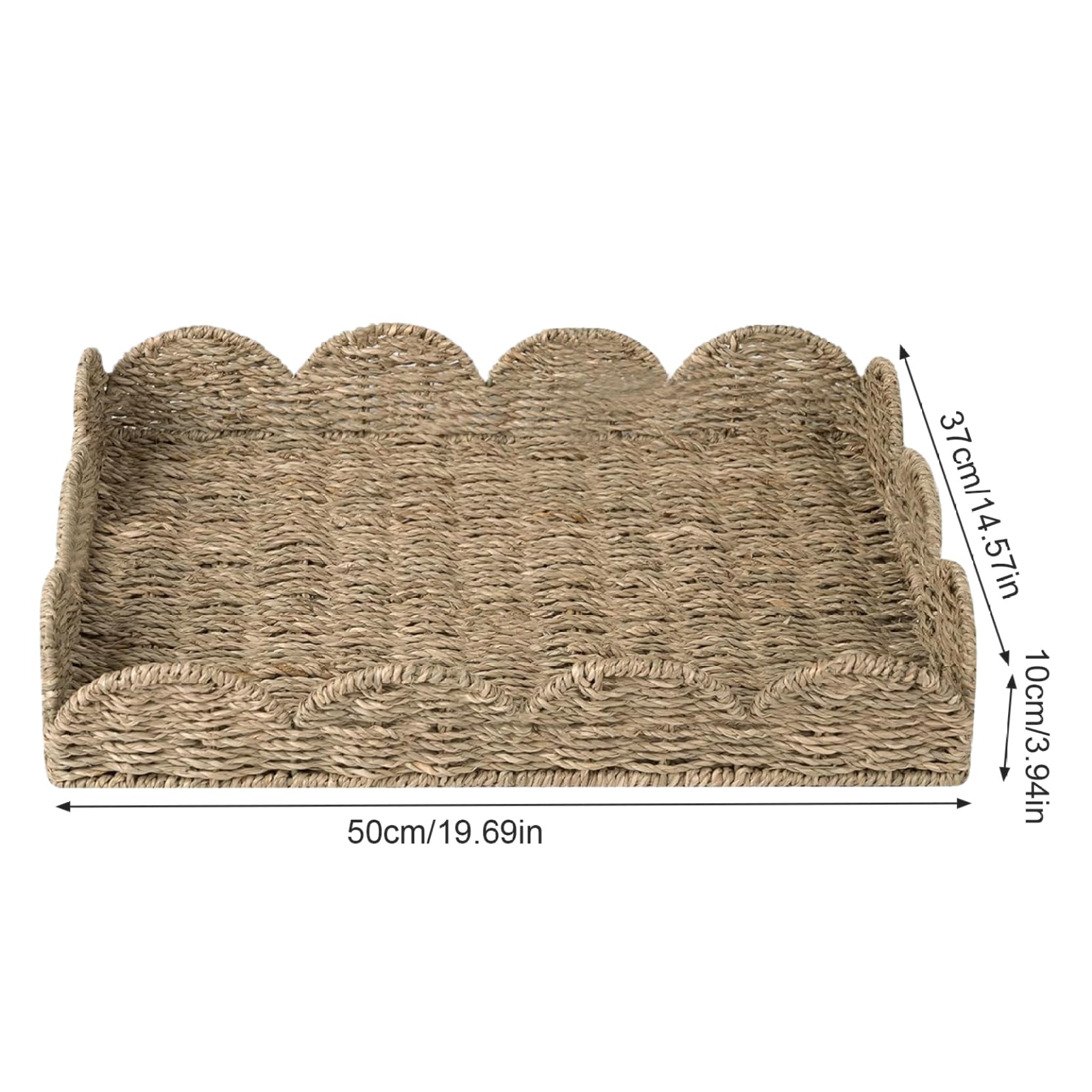 Bandeja rectangular de mimbre de hierba marina rústica con borde festoneado, 19.7 x 14.6 x 3.9 pulgadas, ideal para decoración del hogar, cocina, fiestas y entretenimiento