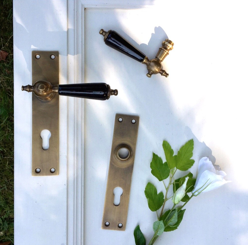 Ferrures De Porte En Laiton Brossé, Poignée En Céramique Blanc Vieilli