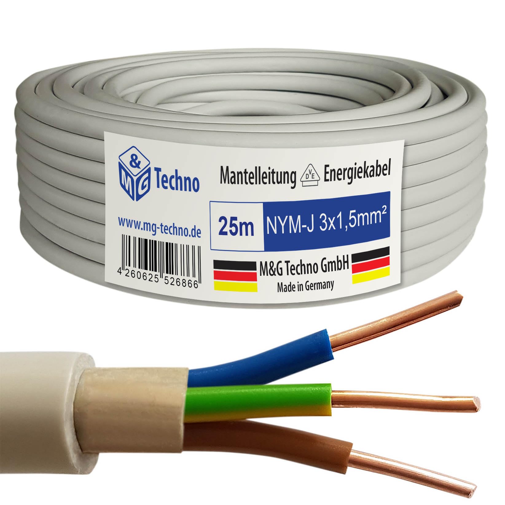 M&G Techno Mantelleitung Feuchtraumkabel Elektrokabel Kupfer Made in Germany (NYM-J 3x1,5 mm², 25m)